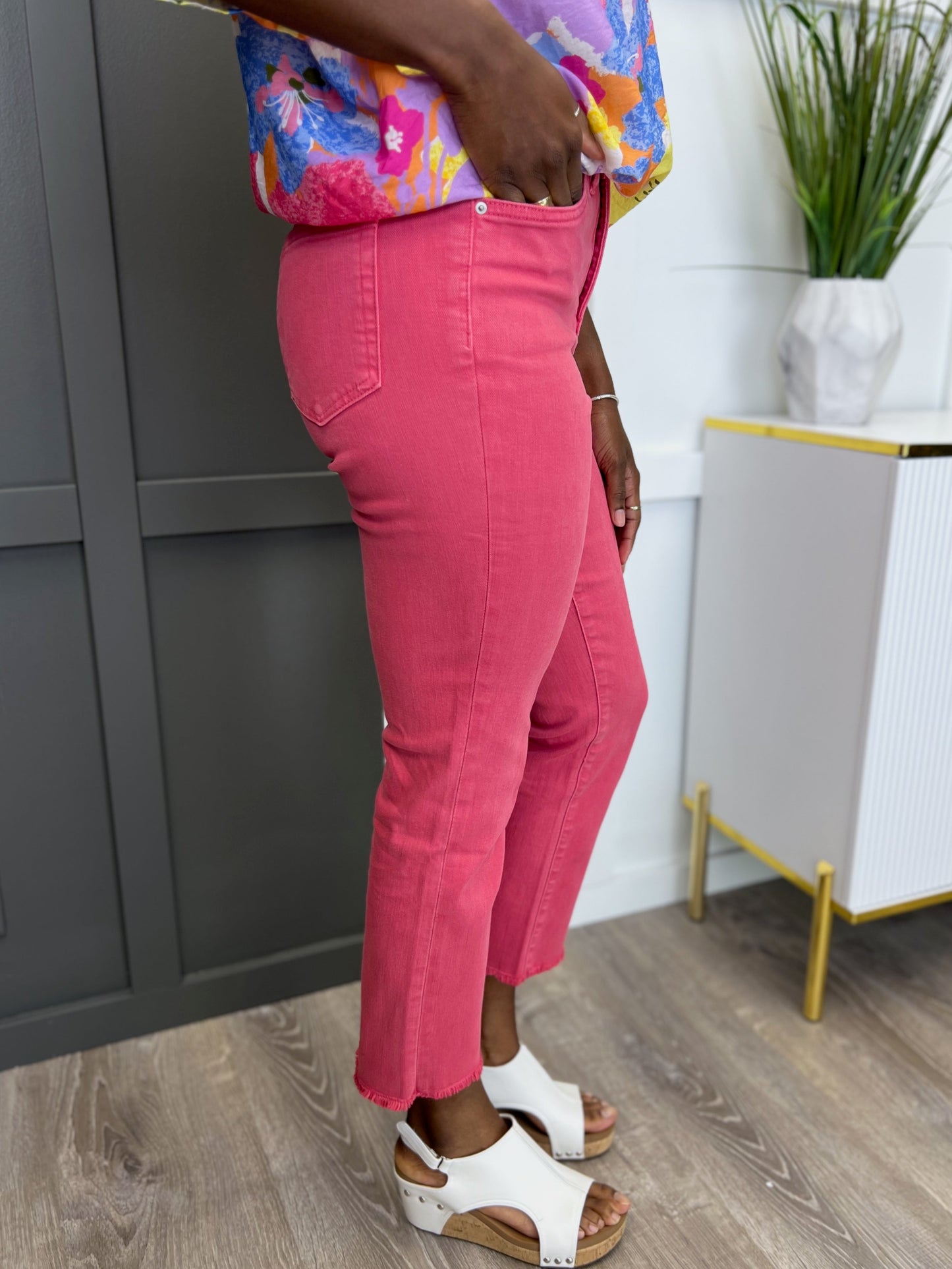 The Dylan Tummy Control Straight Leg Cropped Jeans By RFM, Pink