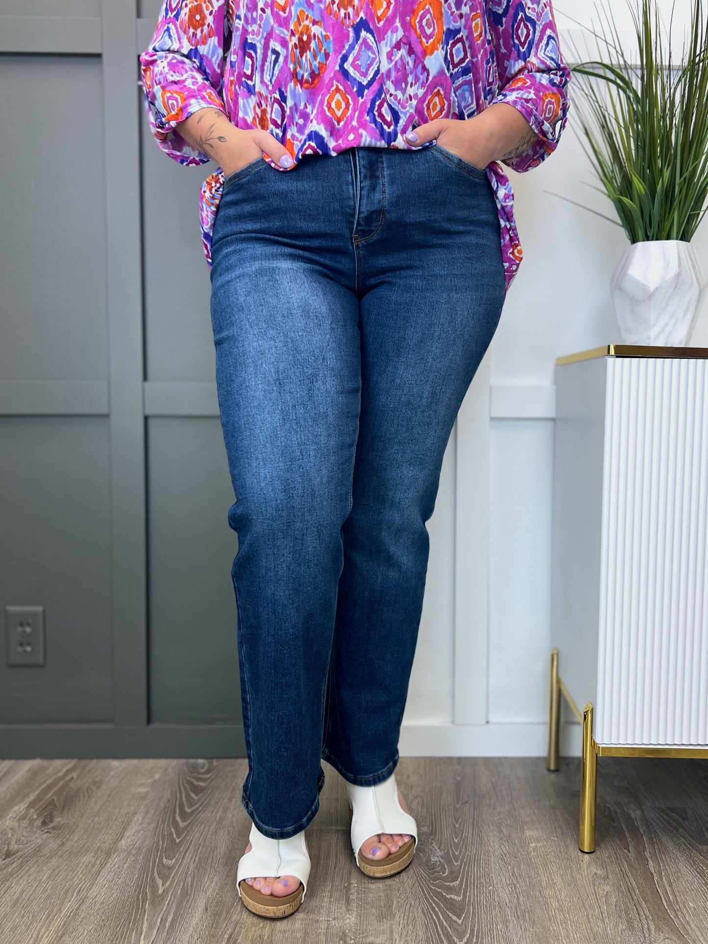 The Kennedy Dark Wash Tummy Control High Rise Straight Leg Jeans by RFM