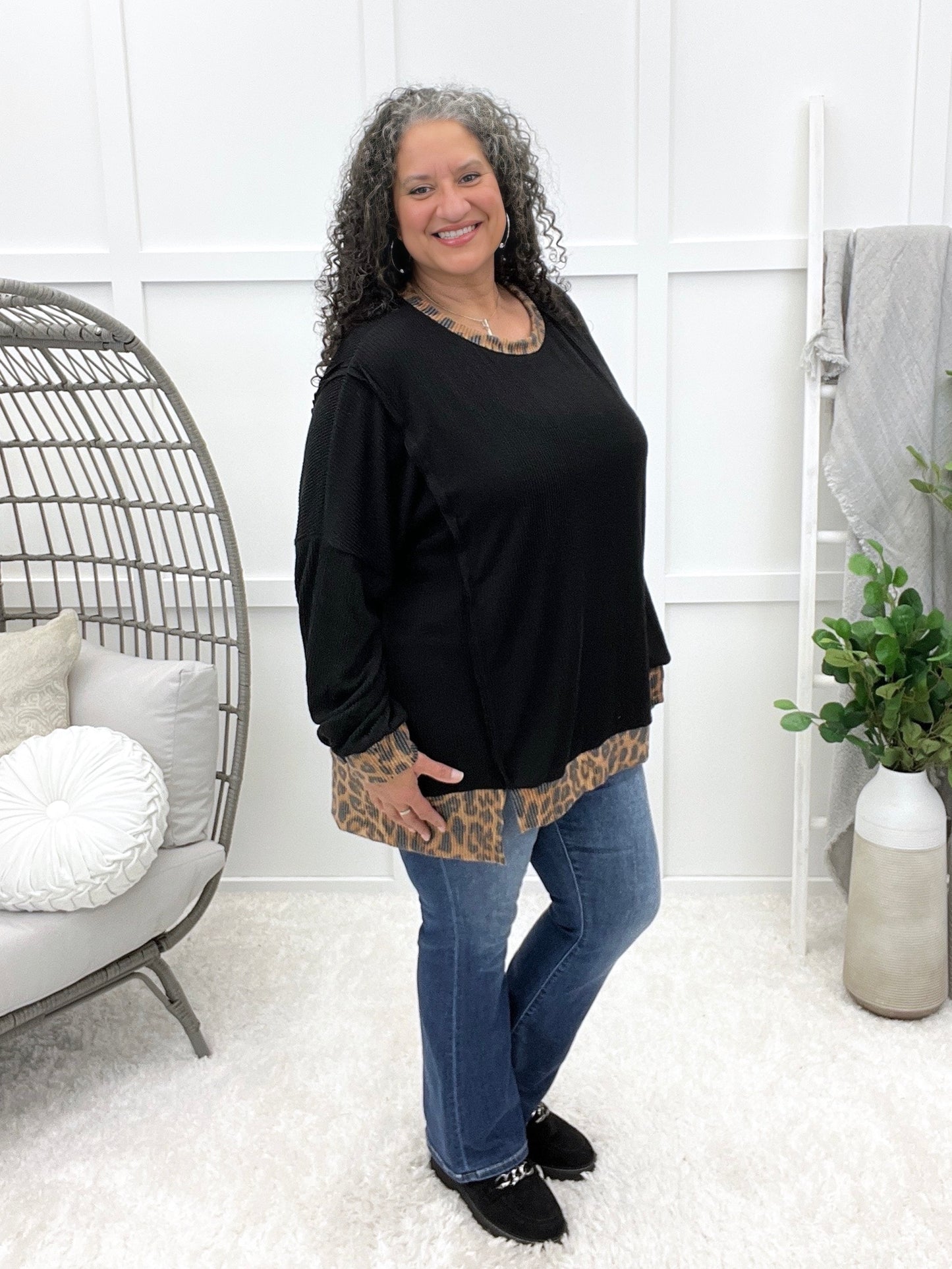 Women's REG/PLUS Black Oversized Top w/ Animal Print Contrast