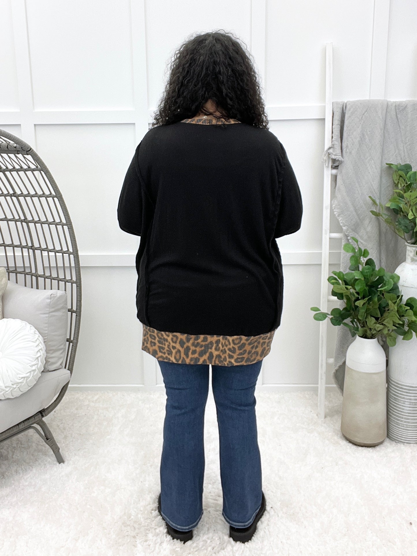 Women's REG/PLUS Black Oversized Top w/ Animal Print Contrast
