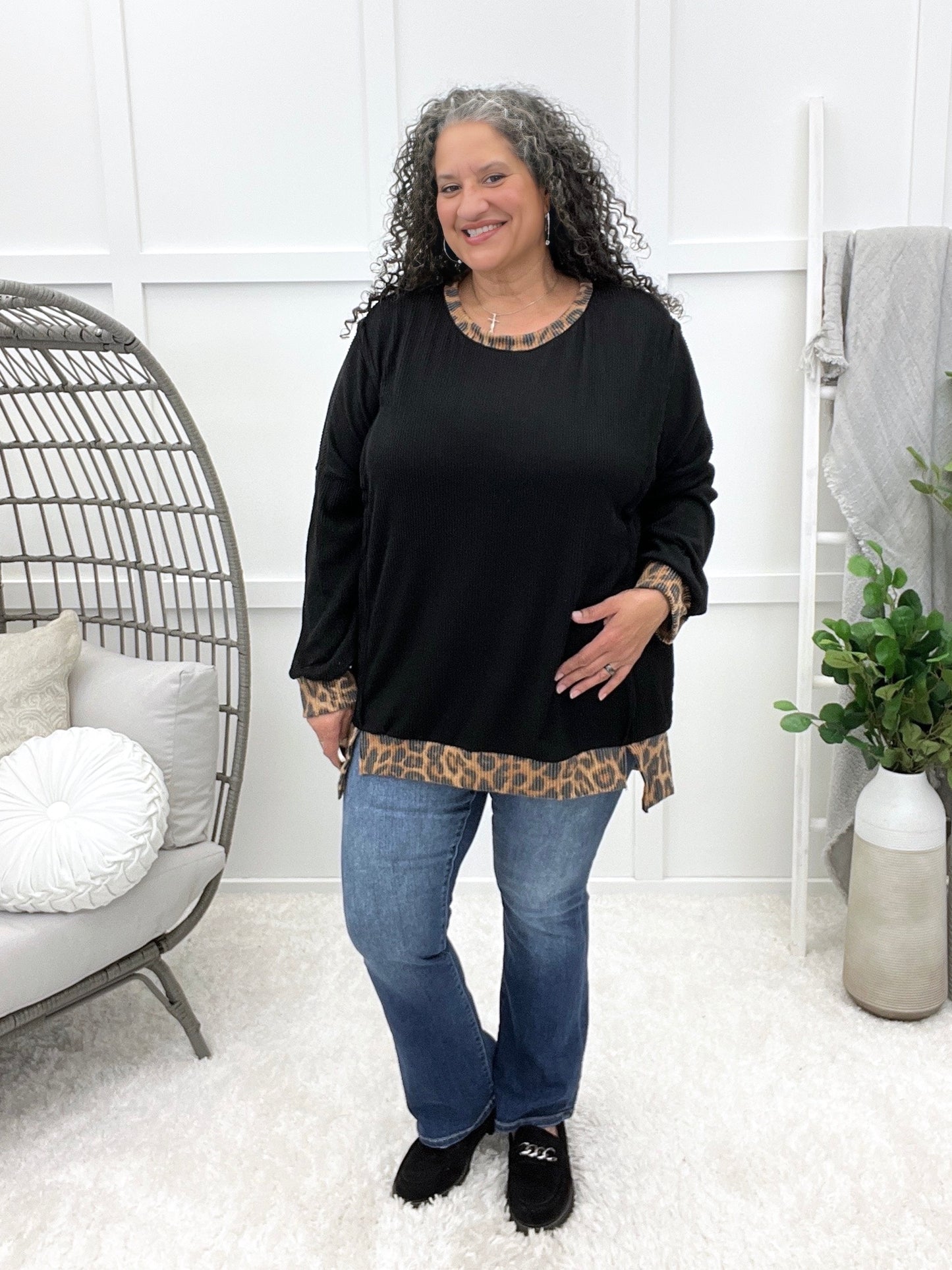 Women's REG/PLUS Black Oversized Top w/ Animal Print Contrast