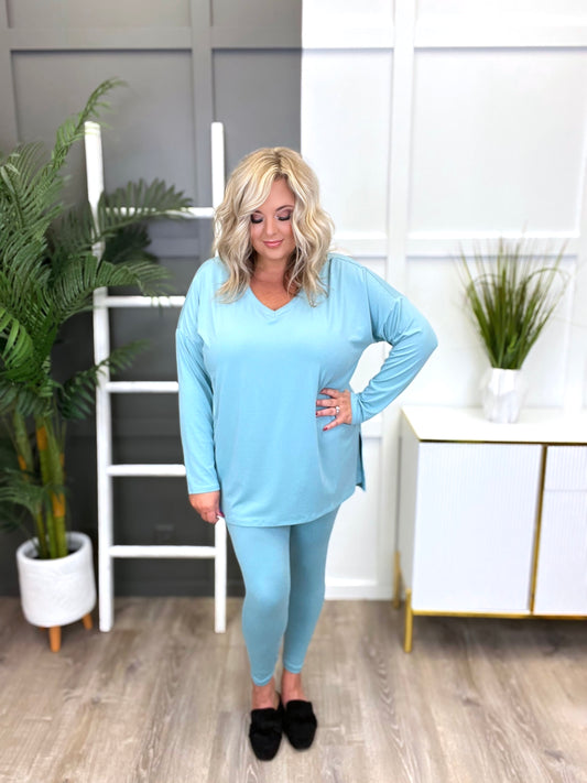 Women's PLUS Solid Long Sleeve Top & Lounge Pants Lounge Set, Teal