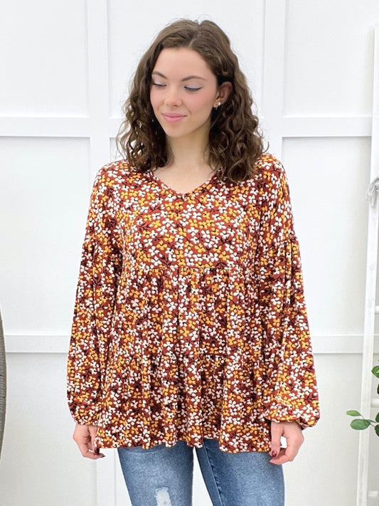 Women's Rust Floral Print Tiered V-Neck Top