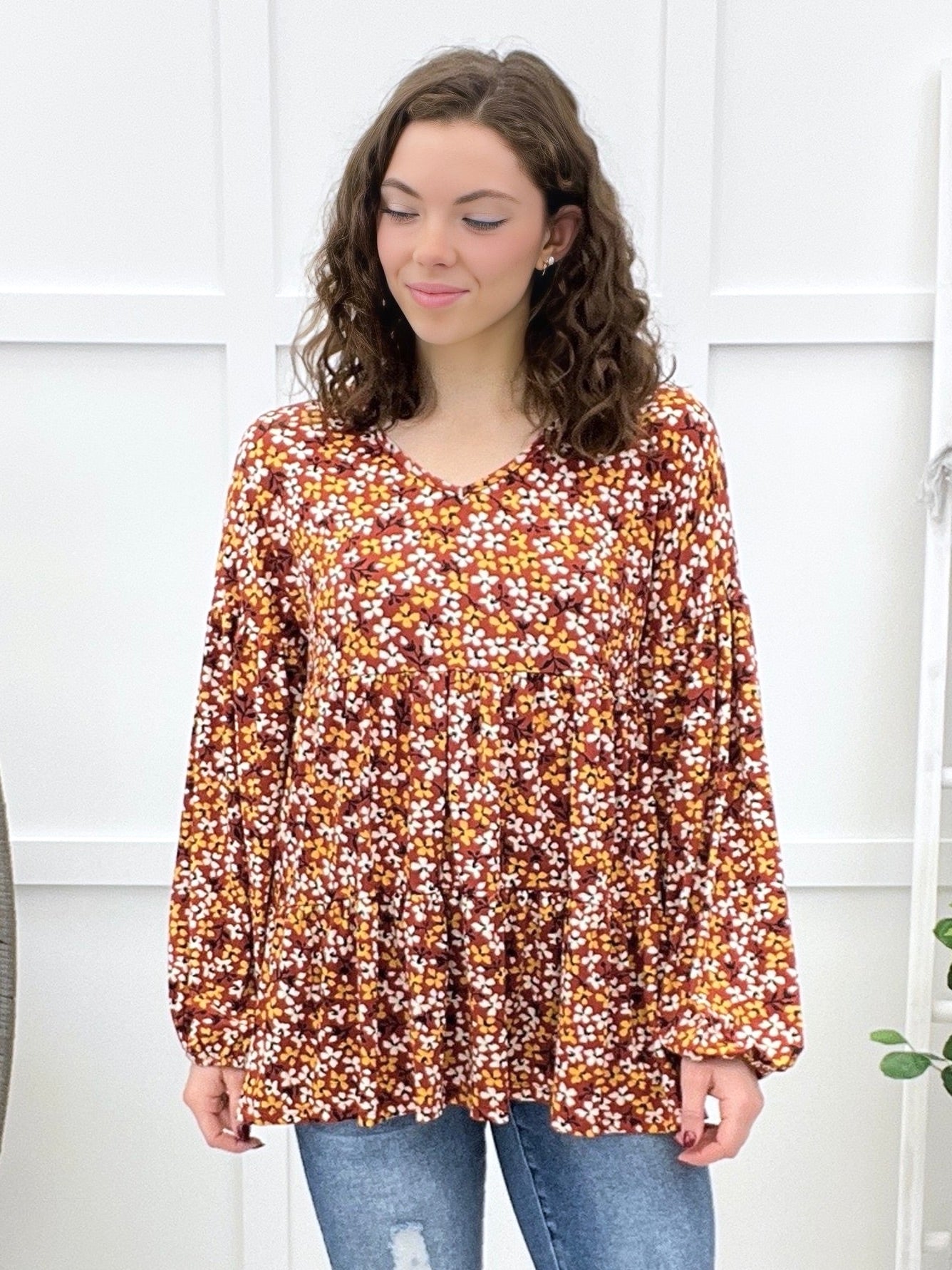 Women's Rust Floral Print Tiered V-Neck Top