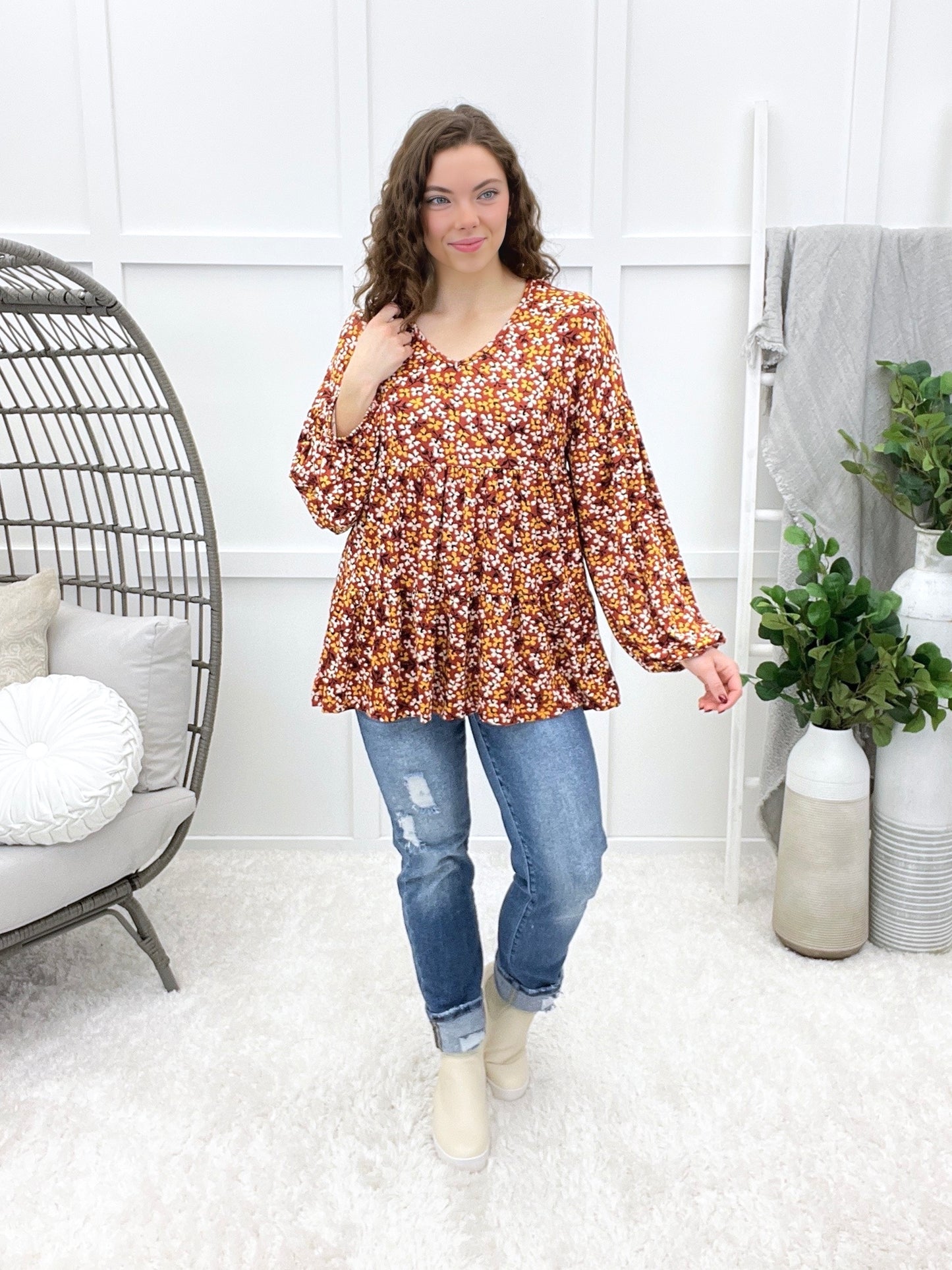 Women's Rust Floral Print Tiered V-Neck Top