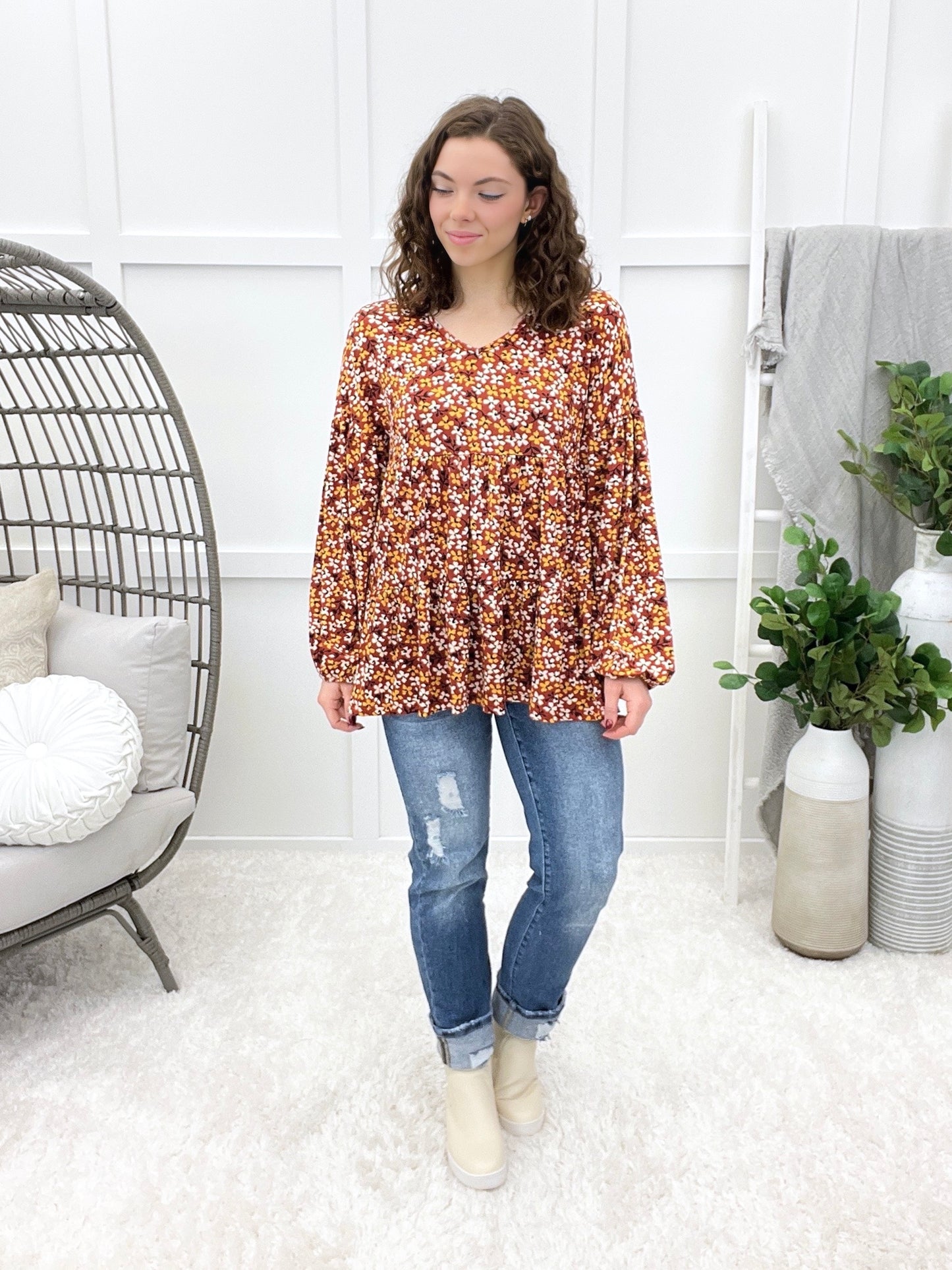 Women's Rust Floral Print Tiered V-Neck Top