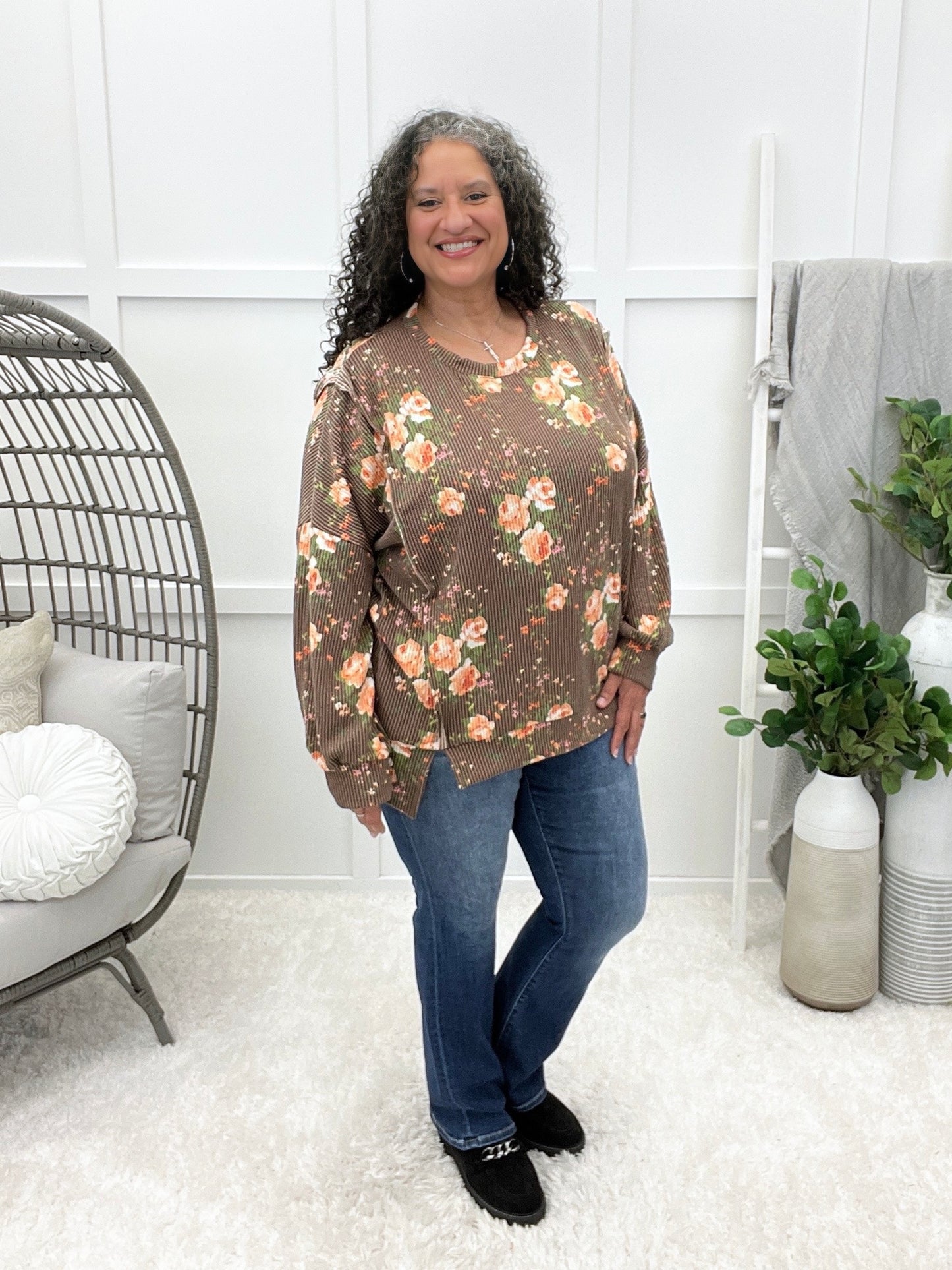 Women's Brown Floral Print Oversized Pullover Top