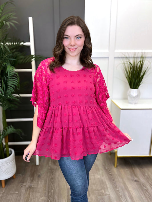 Women's Fuchsia Tiered Top w/ Lace Sleeves