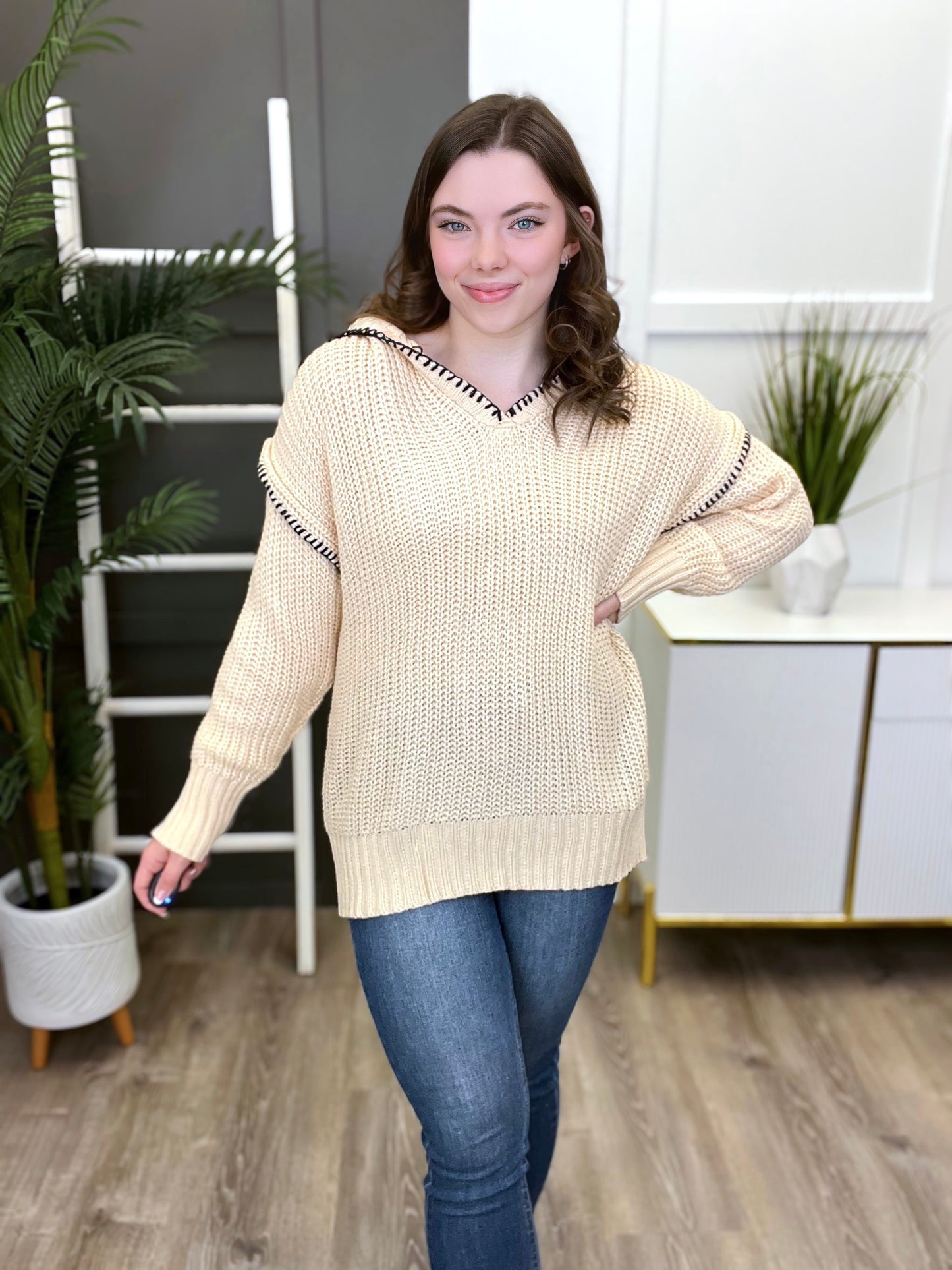 Women's REG/PLUS Taupe Solid Hooded Pullover Sweater Top