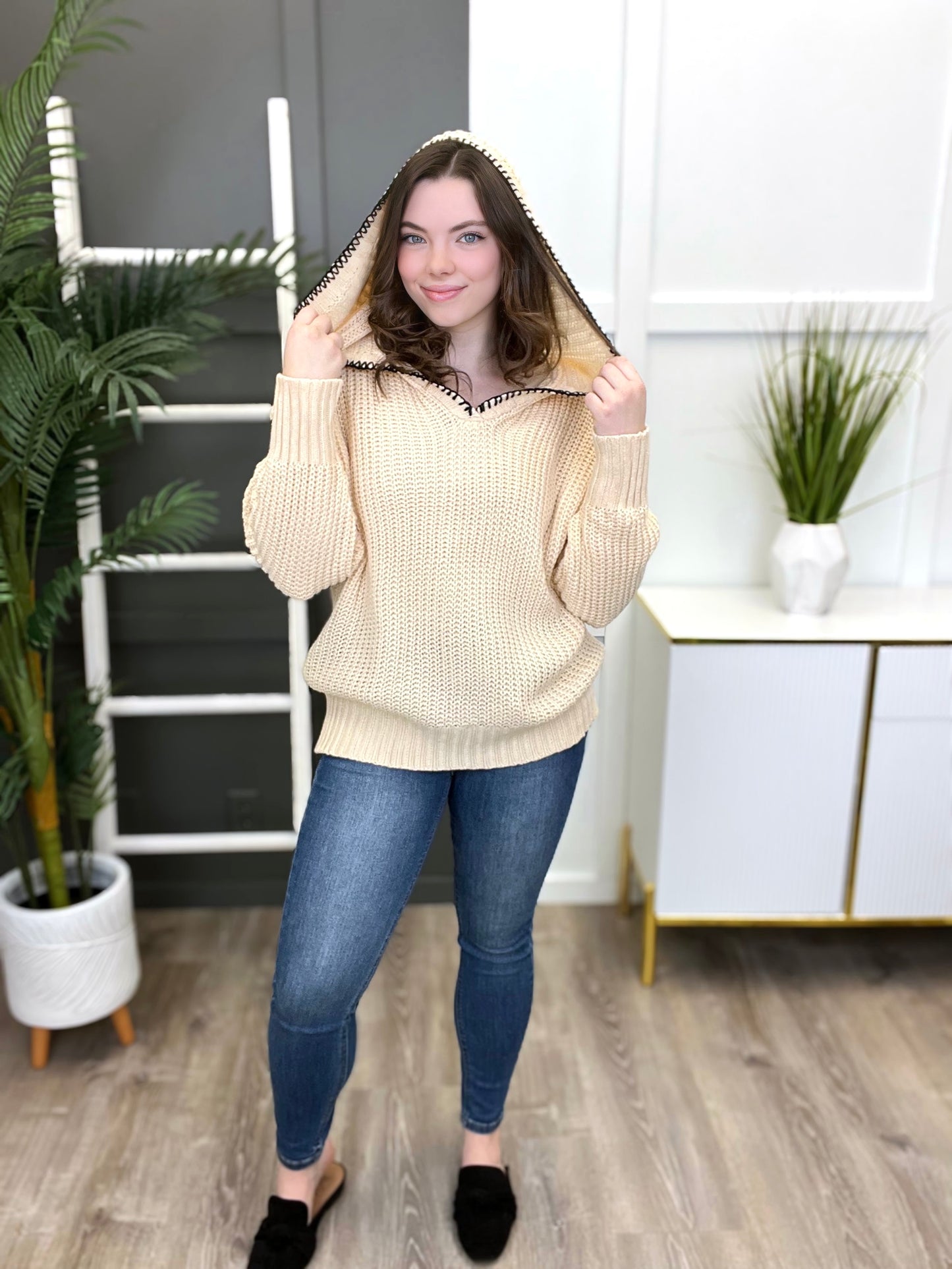 Women's REG/PLUS Taupe Solid Hooded Pullover Sweater Top