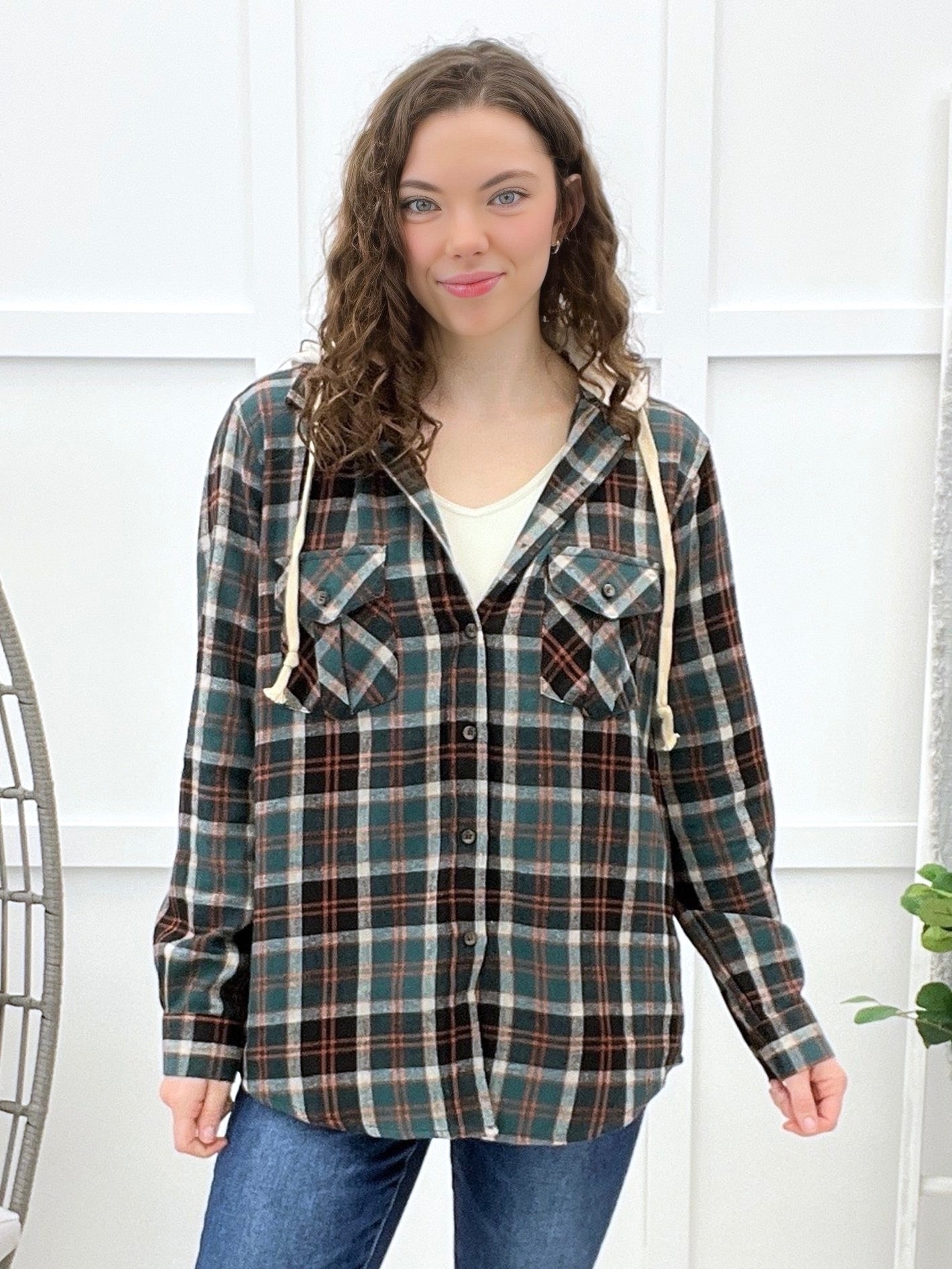 Women's Green & Black Plaid Hooded Button Up Top