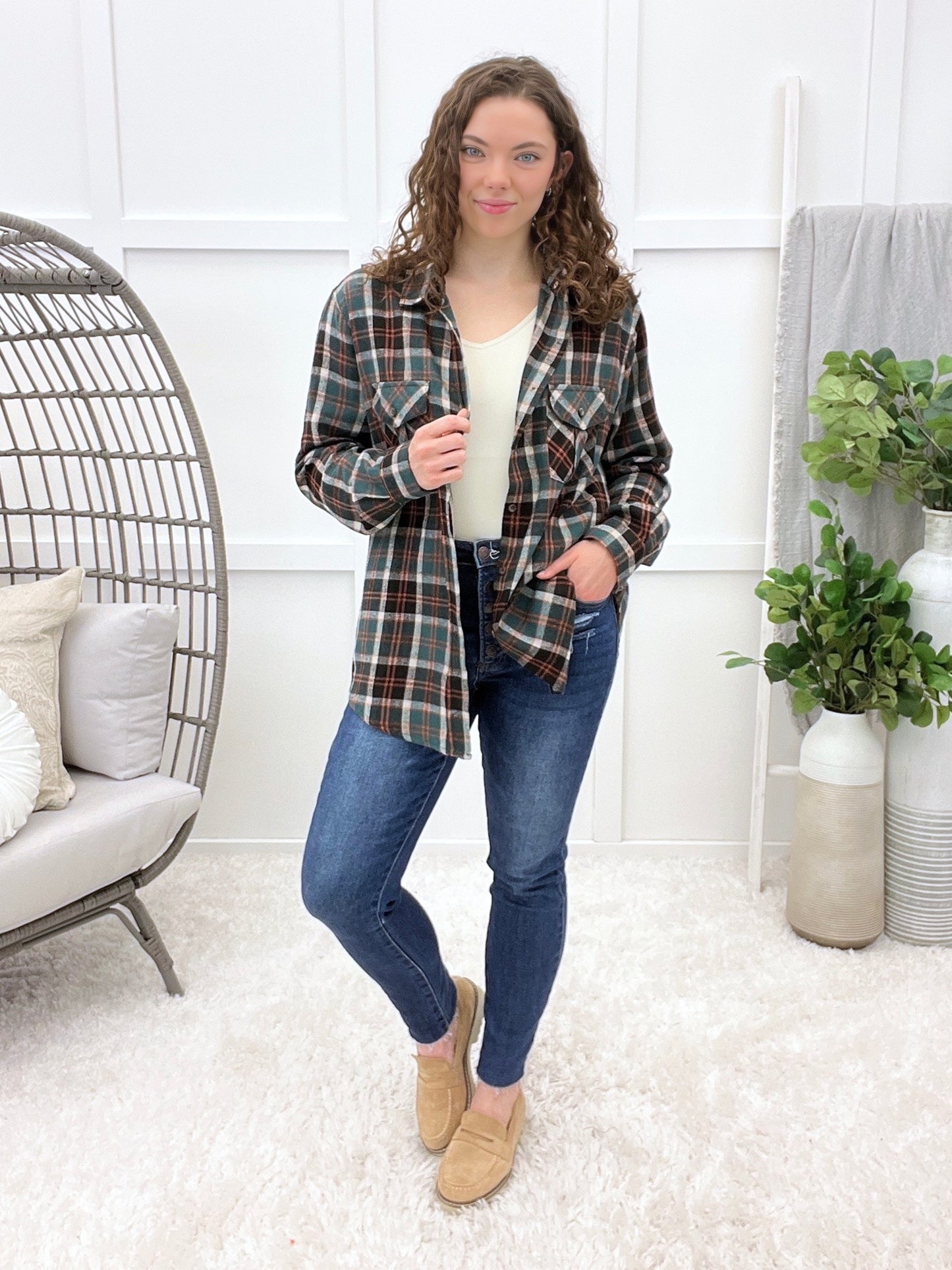 Women's Green & Black Plaid Hooded Button Up Top