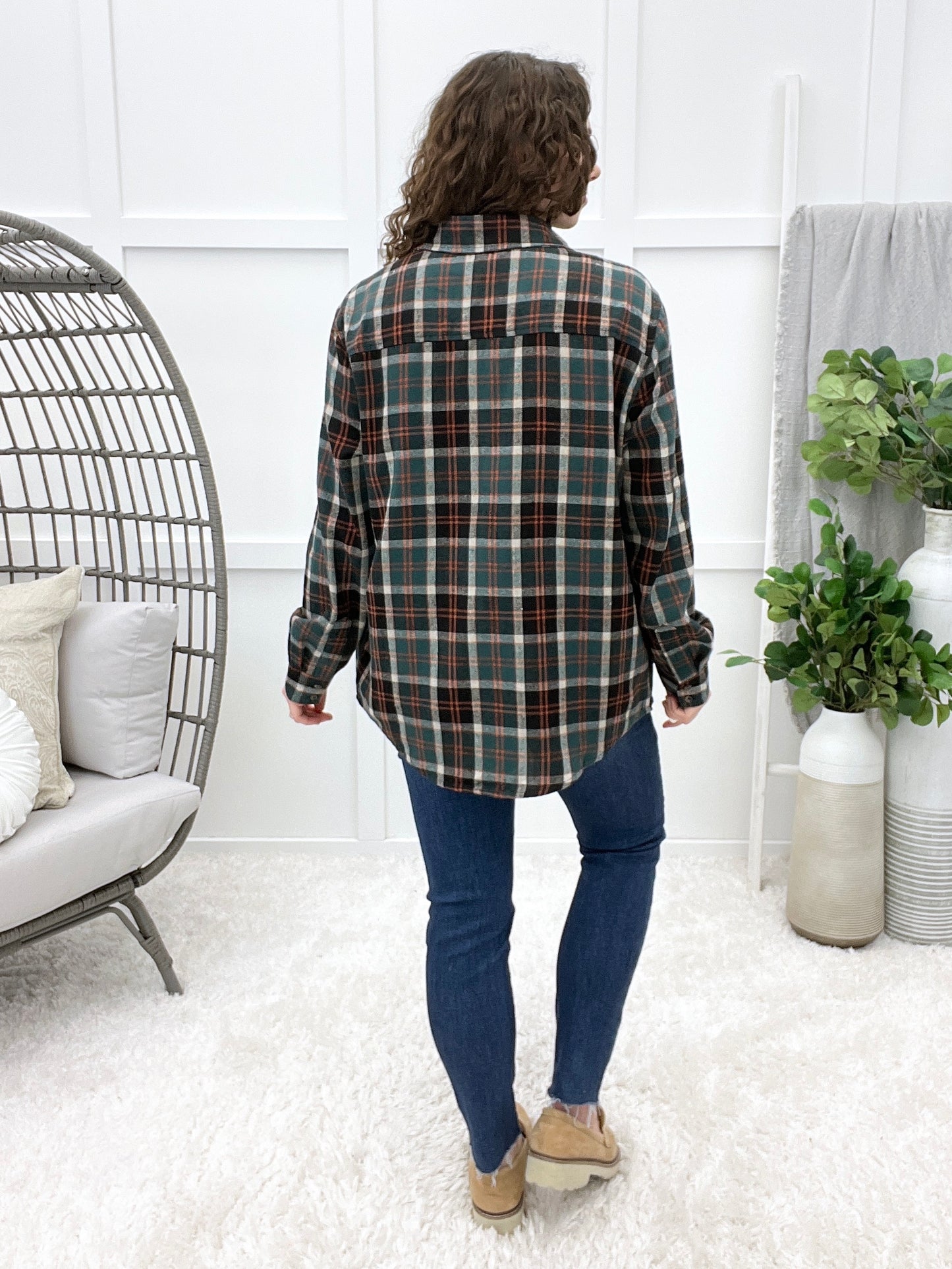Women's Green & Black Plaid Hooded Button Up Top