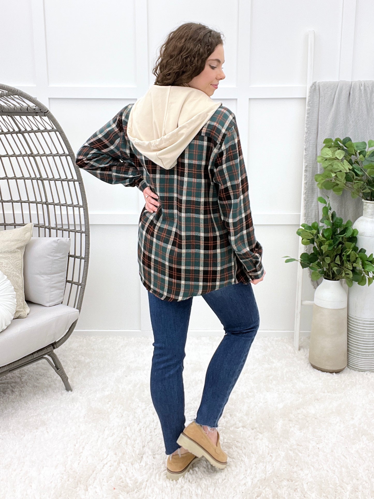 Women's Green & Black Plaid Hooded Button Up Top