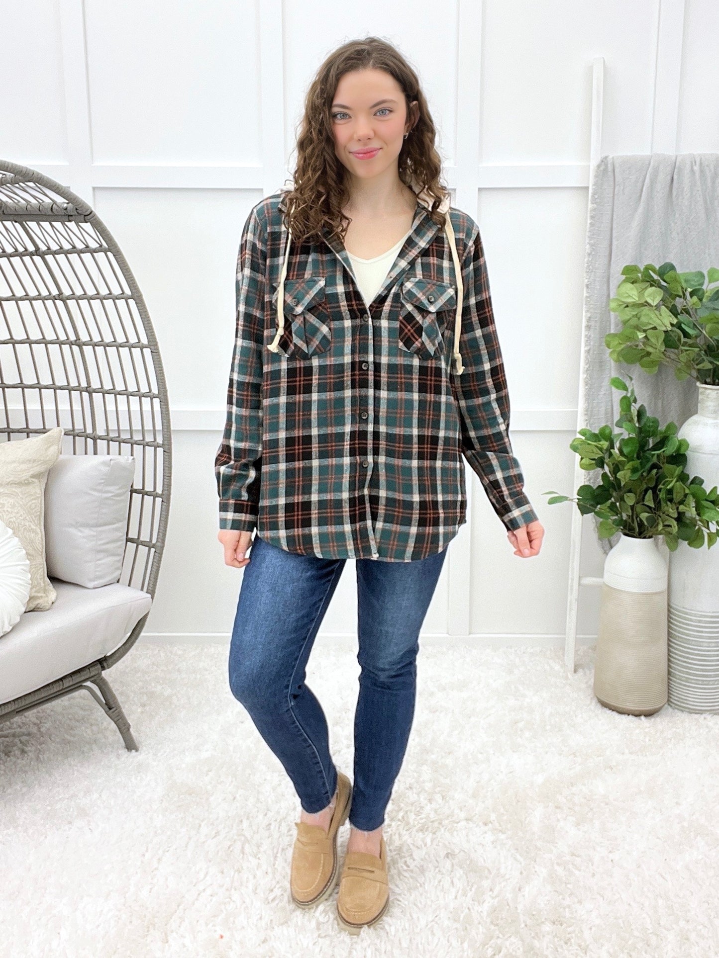 Women's Green & Black Plaid Hooded Button Up Top