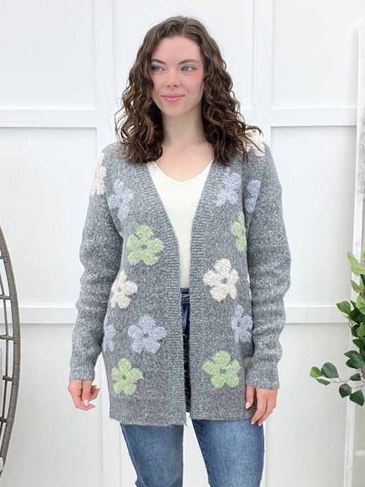 Puff Floral Two Tone Sweater Cardigan