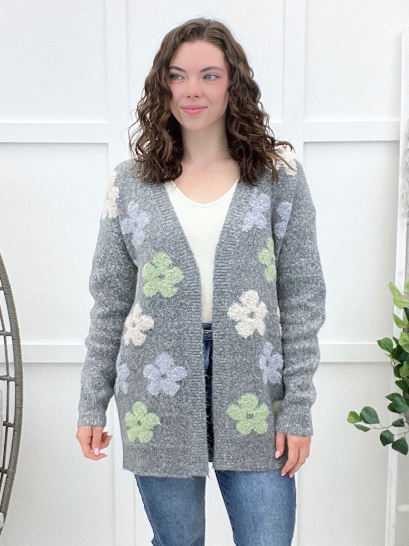 Puff Floral Two Tone Sweater Cardigan