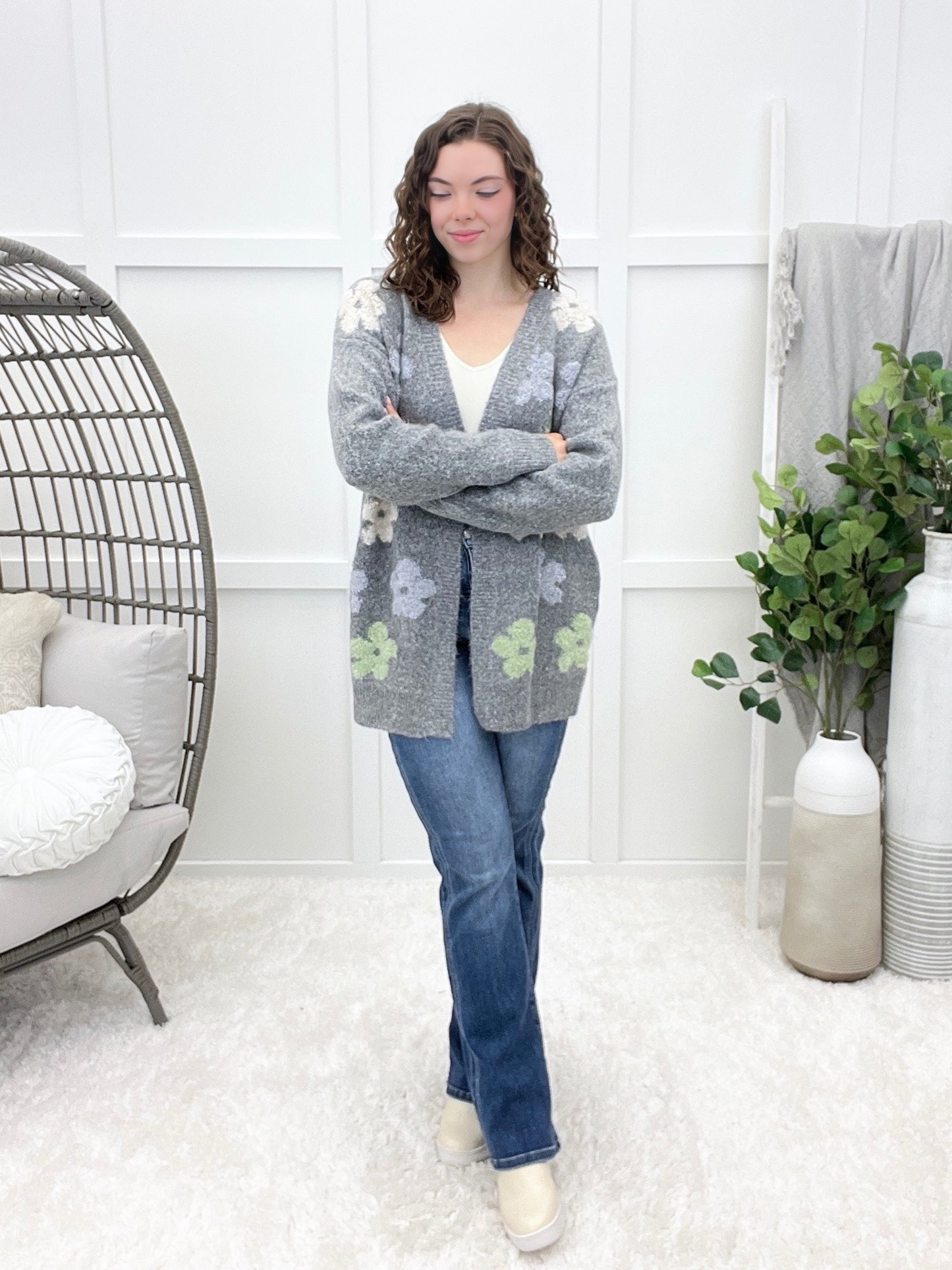 Puff Floral Two Tone Sweater Cardigan