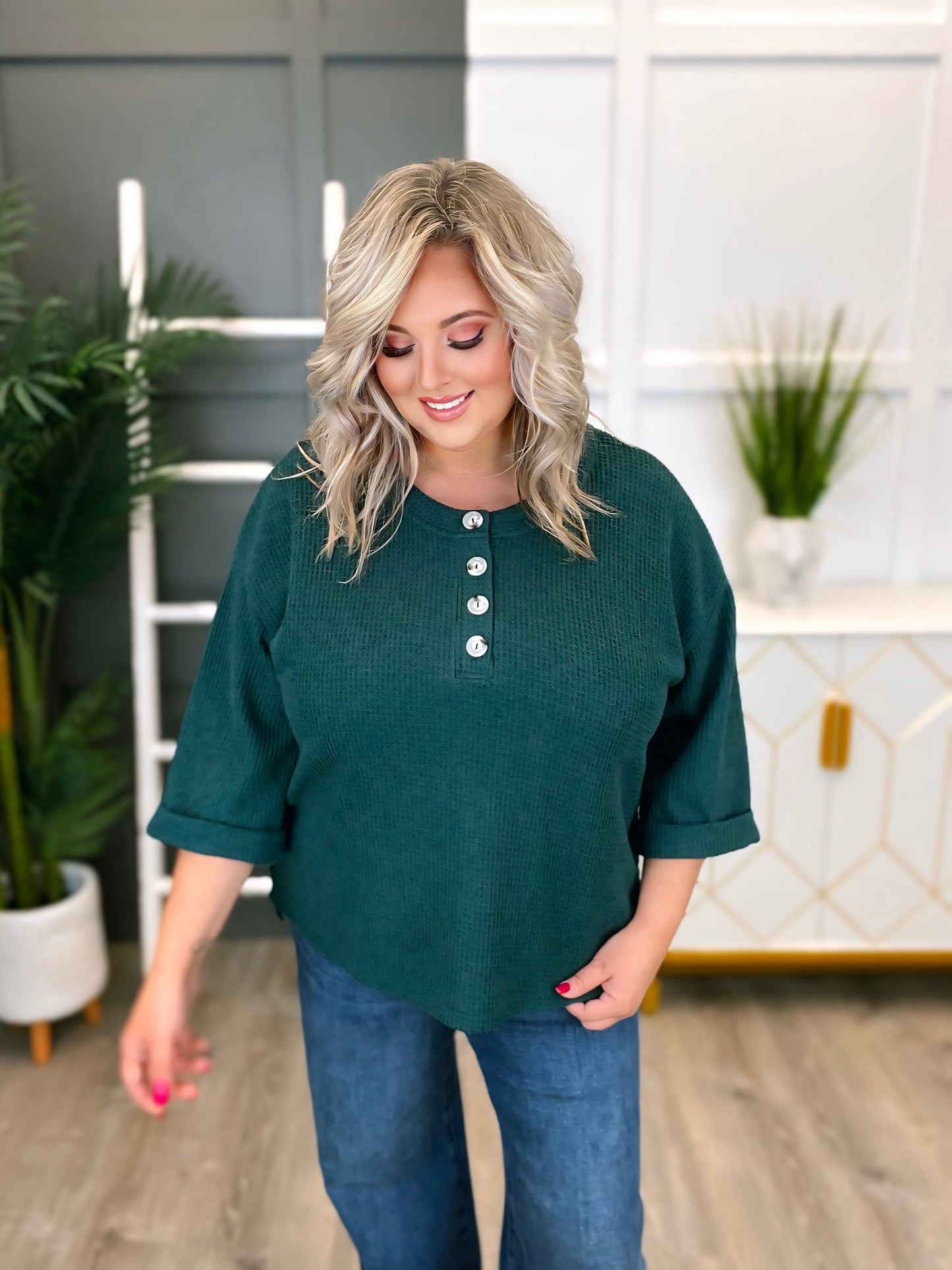 Women's Green 3/4 Sleeve Waffle Knit Top