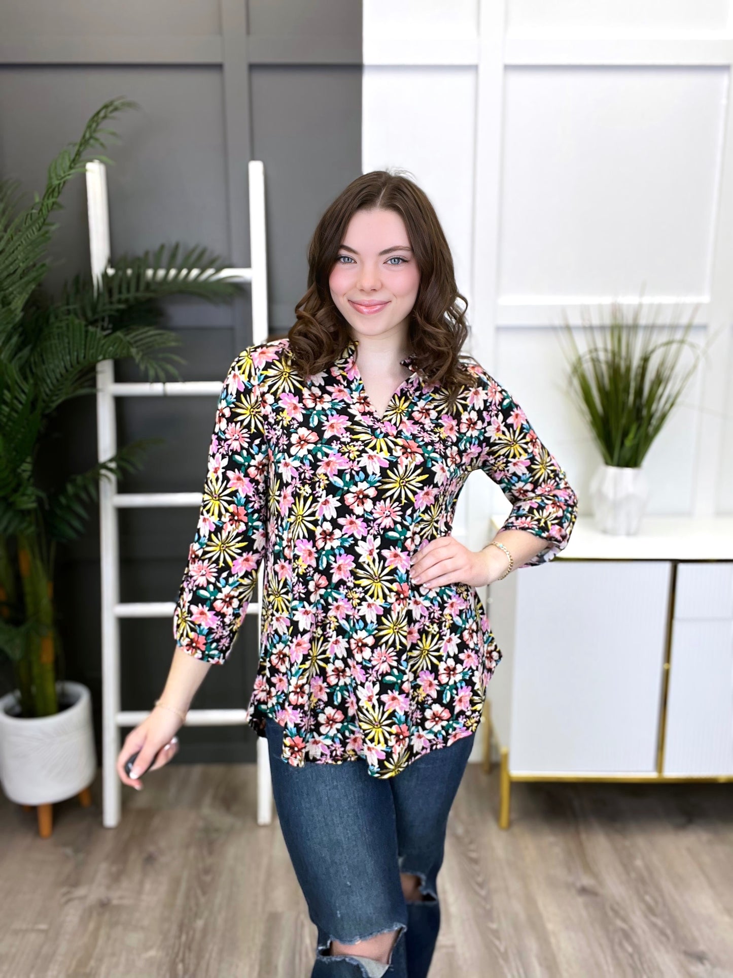 Dear Scarlett Black Multi Color Floral Print Lizzy Top