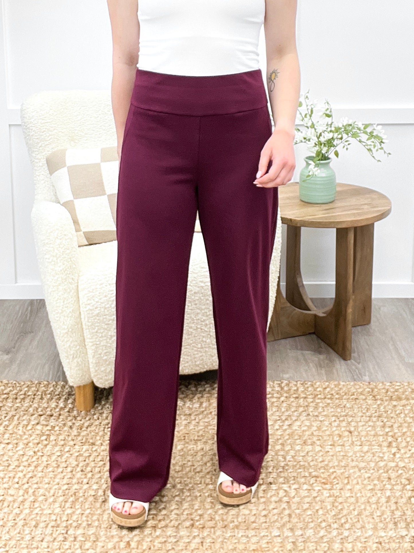 Dear Scarlett Women's  Solid Wide Leg Magic Pants, Wine