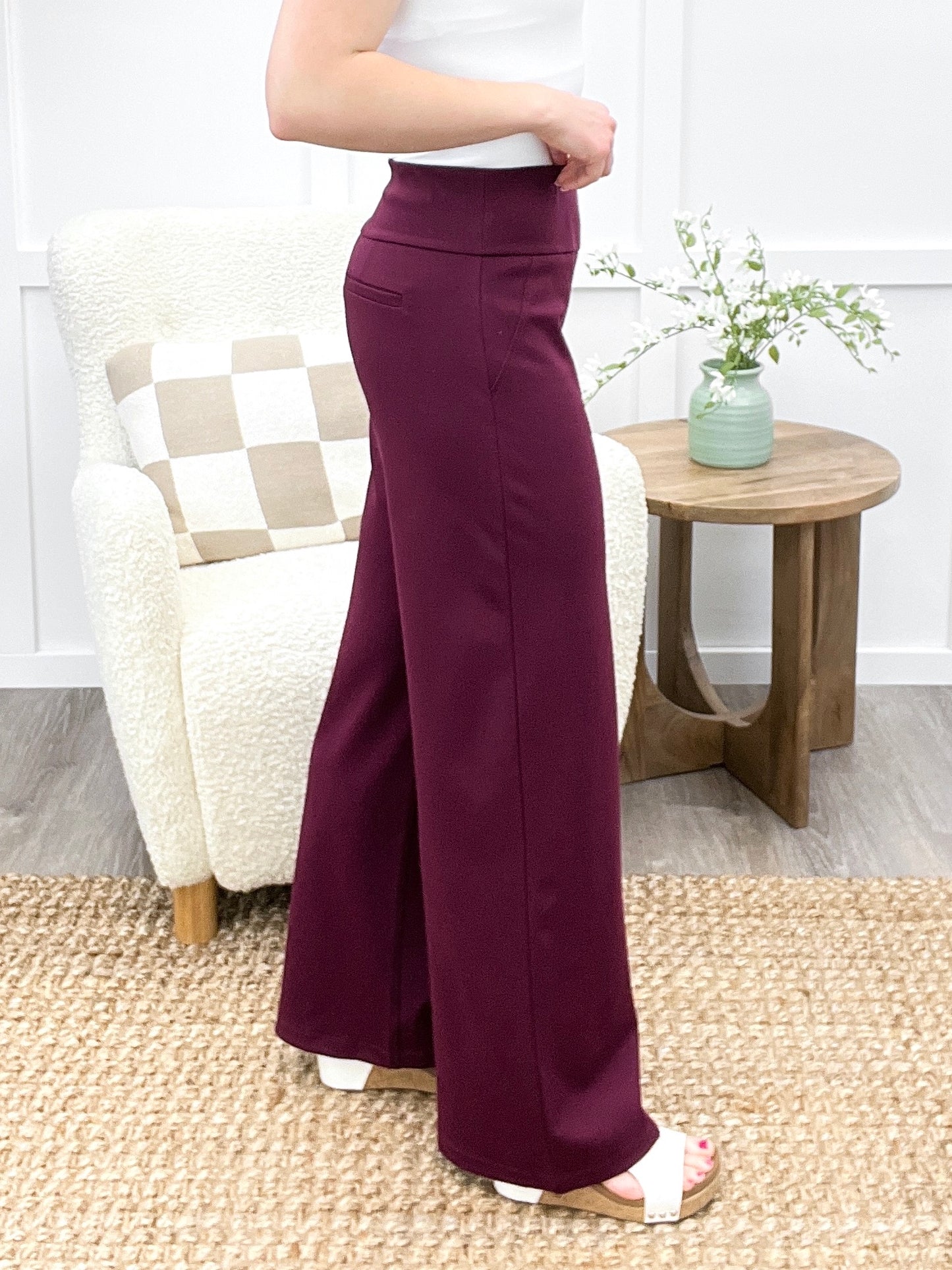 Dear Scarlett Women's  Solid Wide Leg Magic Pants, Wine