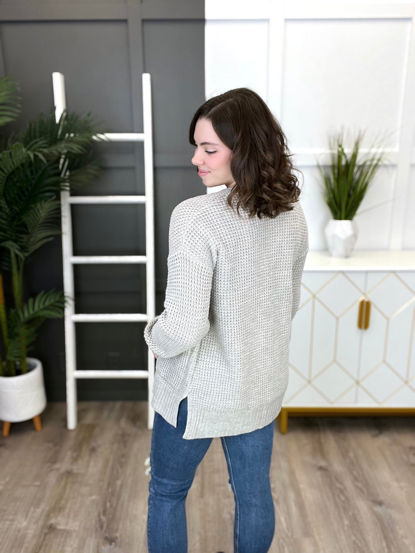 Women's Gray Waffle Knit Open Cardigan