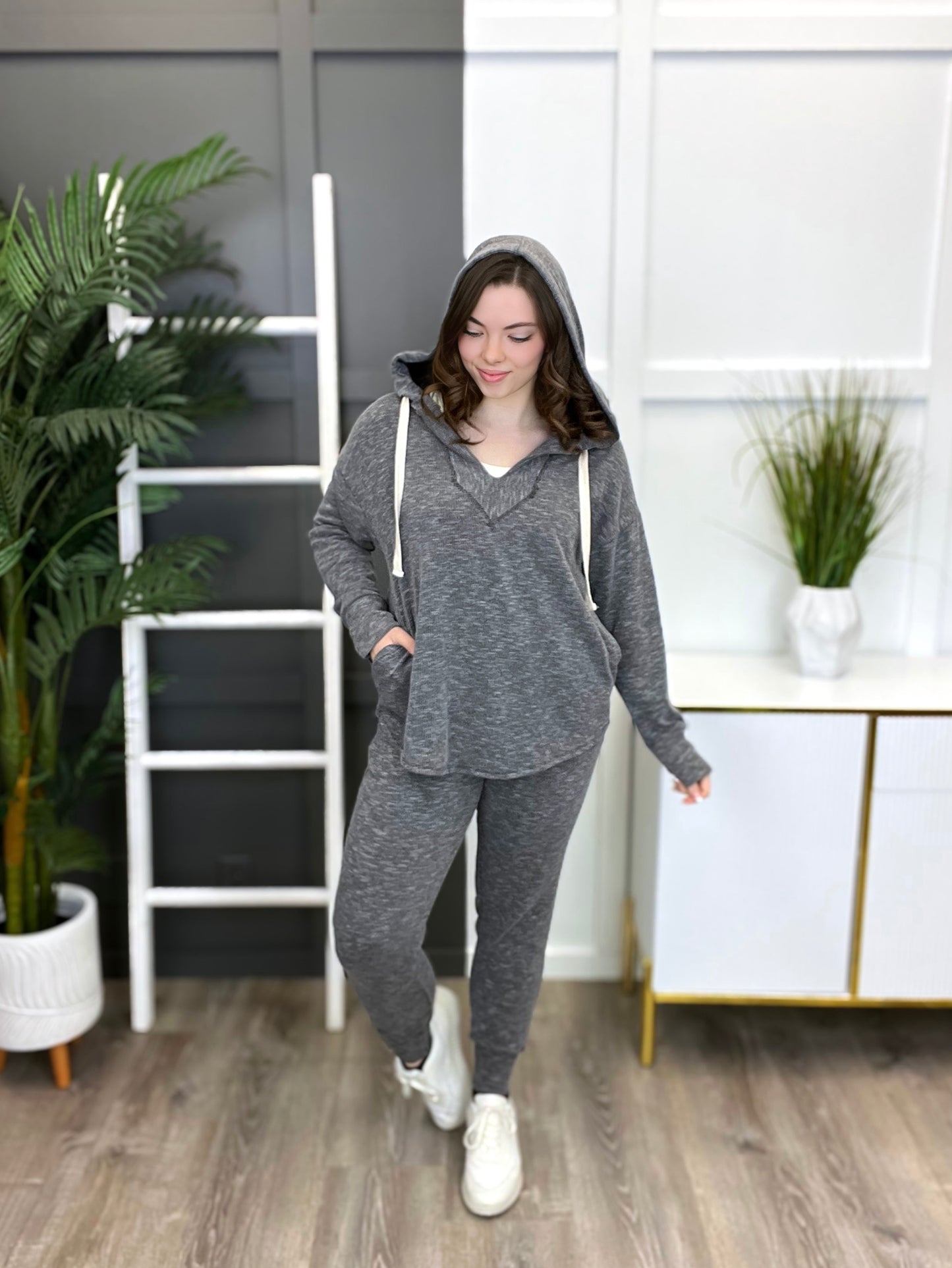 Women's Grey Long Sleeve Hooded Top & Pants Lounge Set
