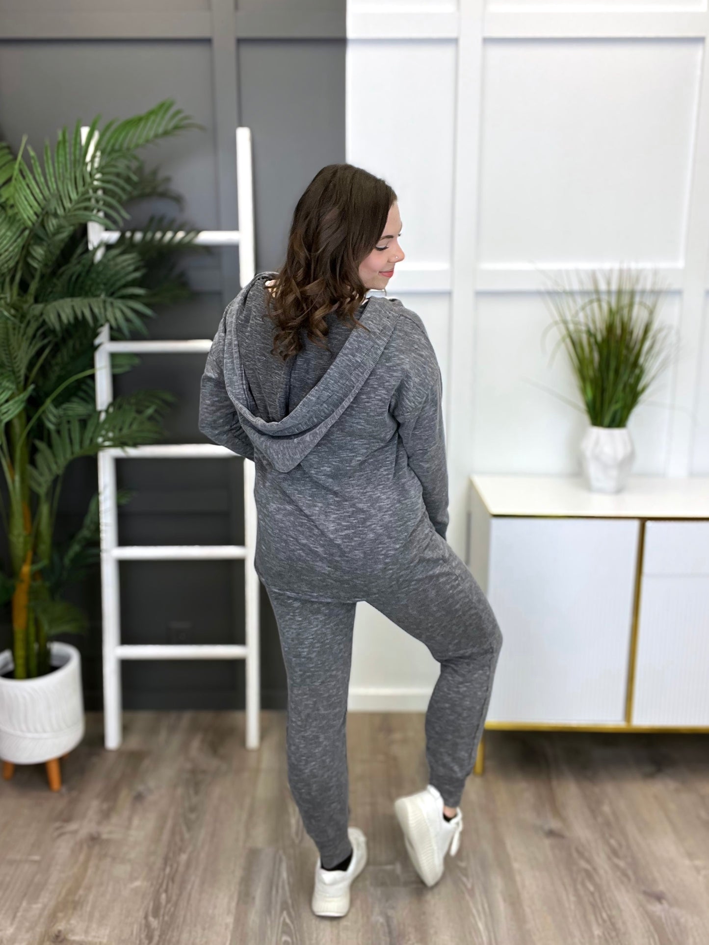 Women's Grey Long Sleeve Hooded Top & Pants Lounge Set