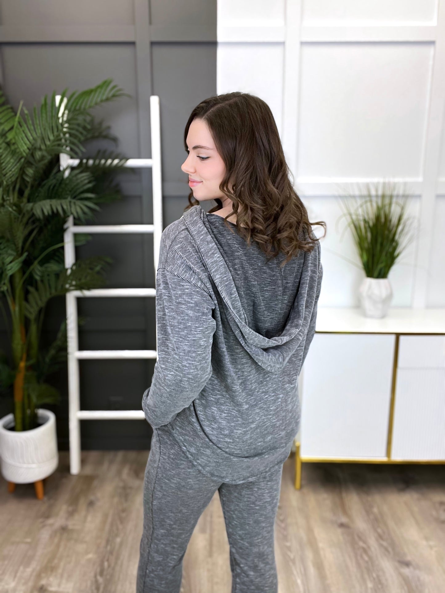 Women's Grey Long Sleeve Hooded Top & Pants Lounge Set