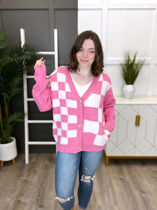 Women's Fuchsia Puff Checker Sweater Cardigan