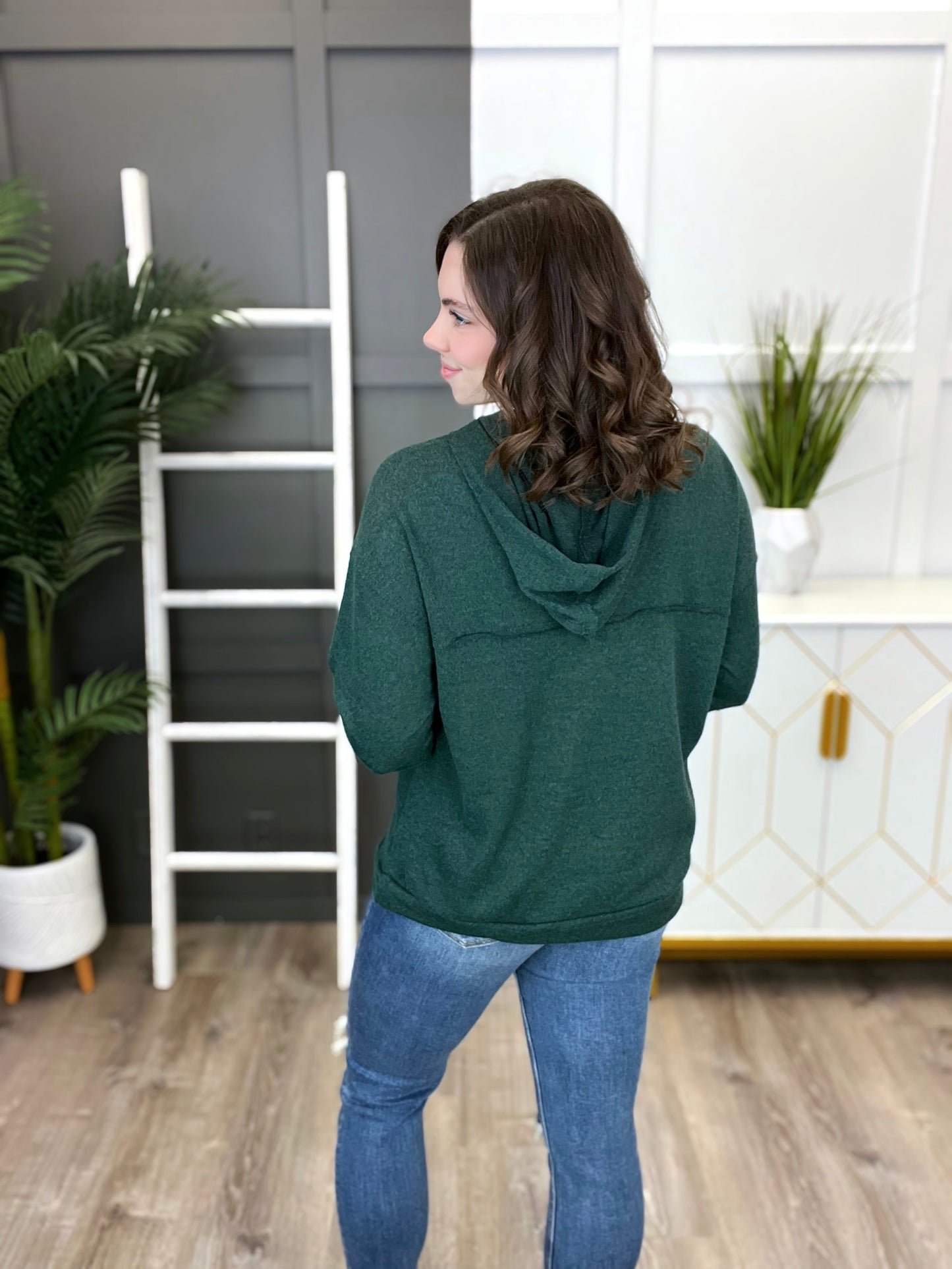 Women's Hunter Green Hoodie Top w/ Button Detail