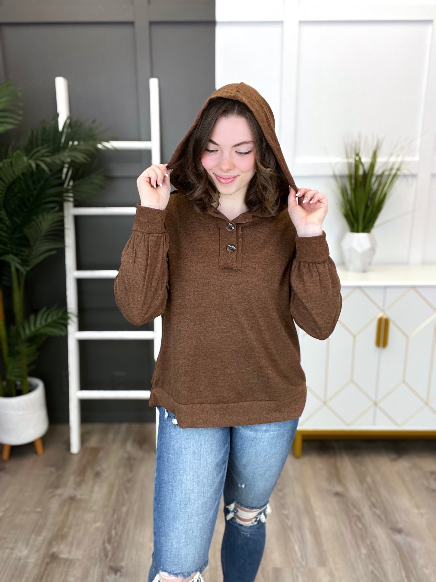 Women's Rust Hoodie Top w/ Button Detail