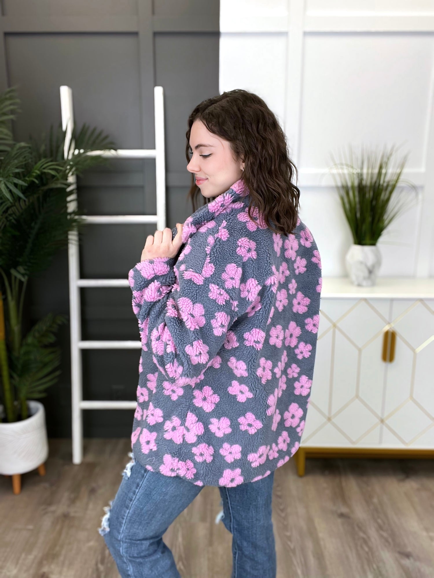 Women s Grey Pink Floral Sherpa Zip Up Jacket Mint Pineapple Boutique