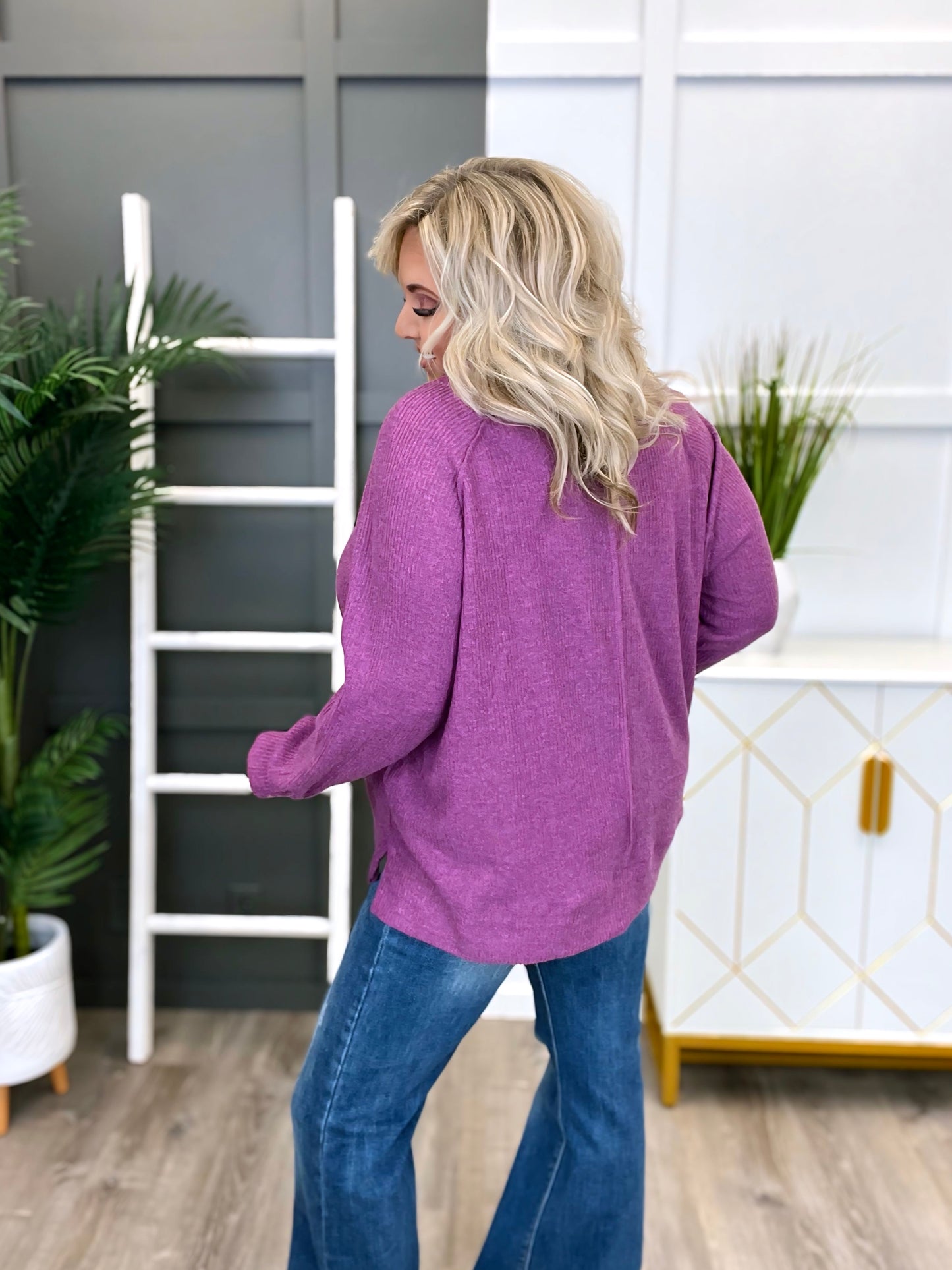 Women's Plum Ribbed Long Sleeve Top w/ Exposed Seams