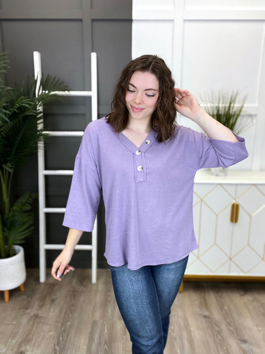 Women's Lilac V-Neck Button Up Knit Top