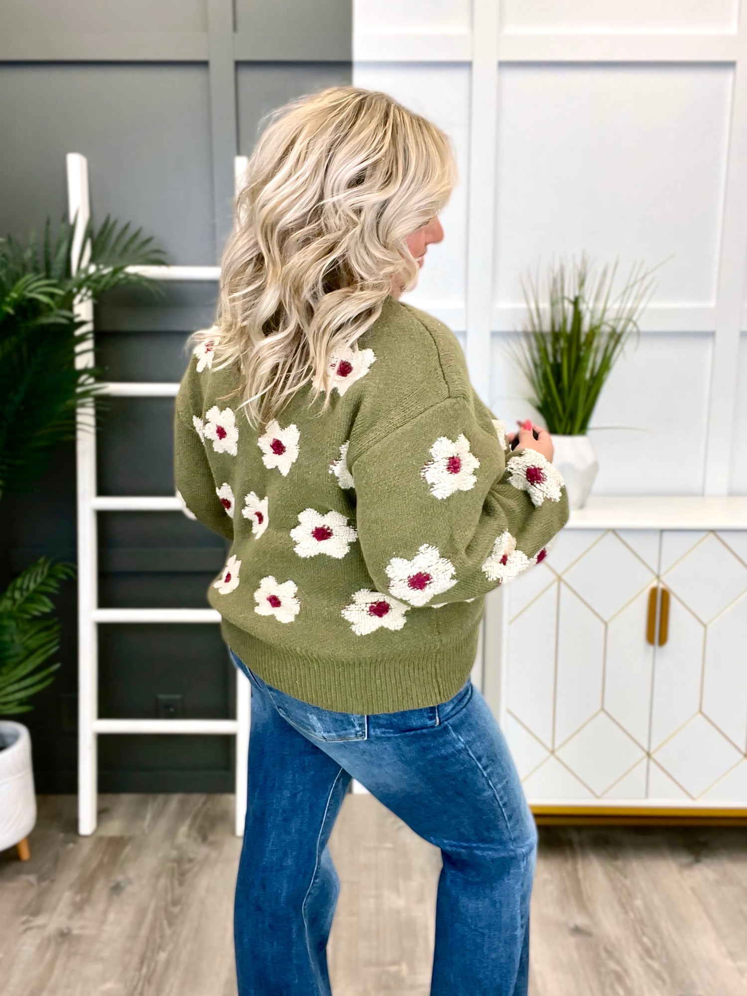 POL Women s Olive Sweater w Floral Detail Mint Pineapple Boutique