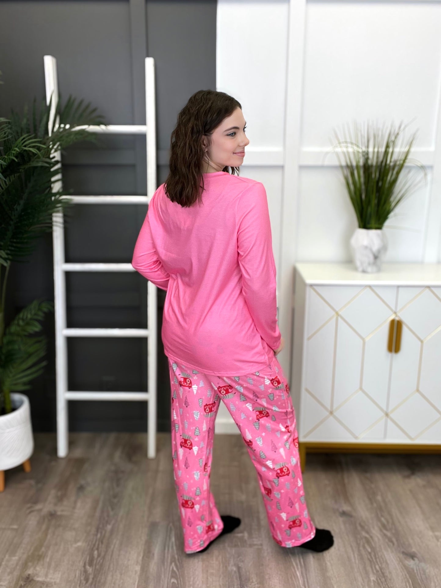 Women's Pink "Home For Christmas" Long Sleeve Top & Pants Lounge Set