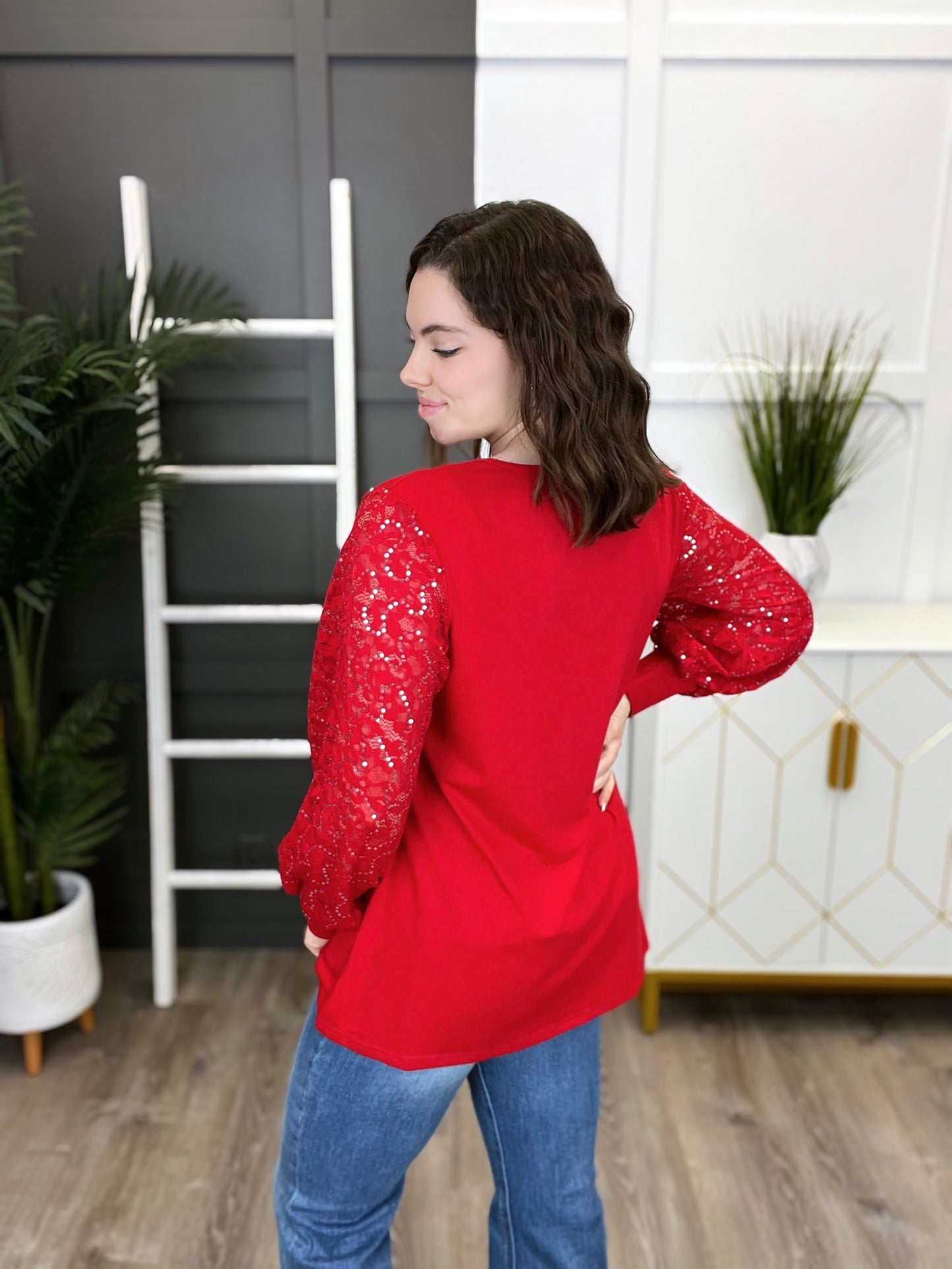 Women's Red Top w/ Sequin Lace Long Sleeves