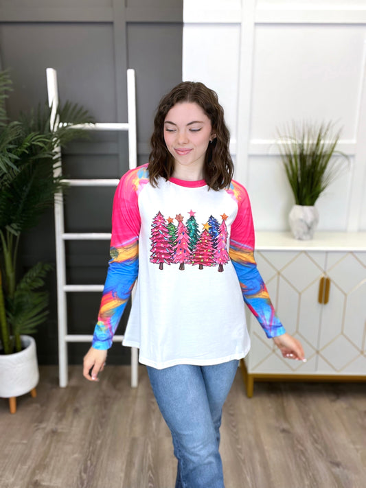 Women's White Long Sleeve Top w/ Tie Dye Christmas Trees