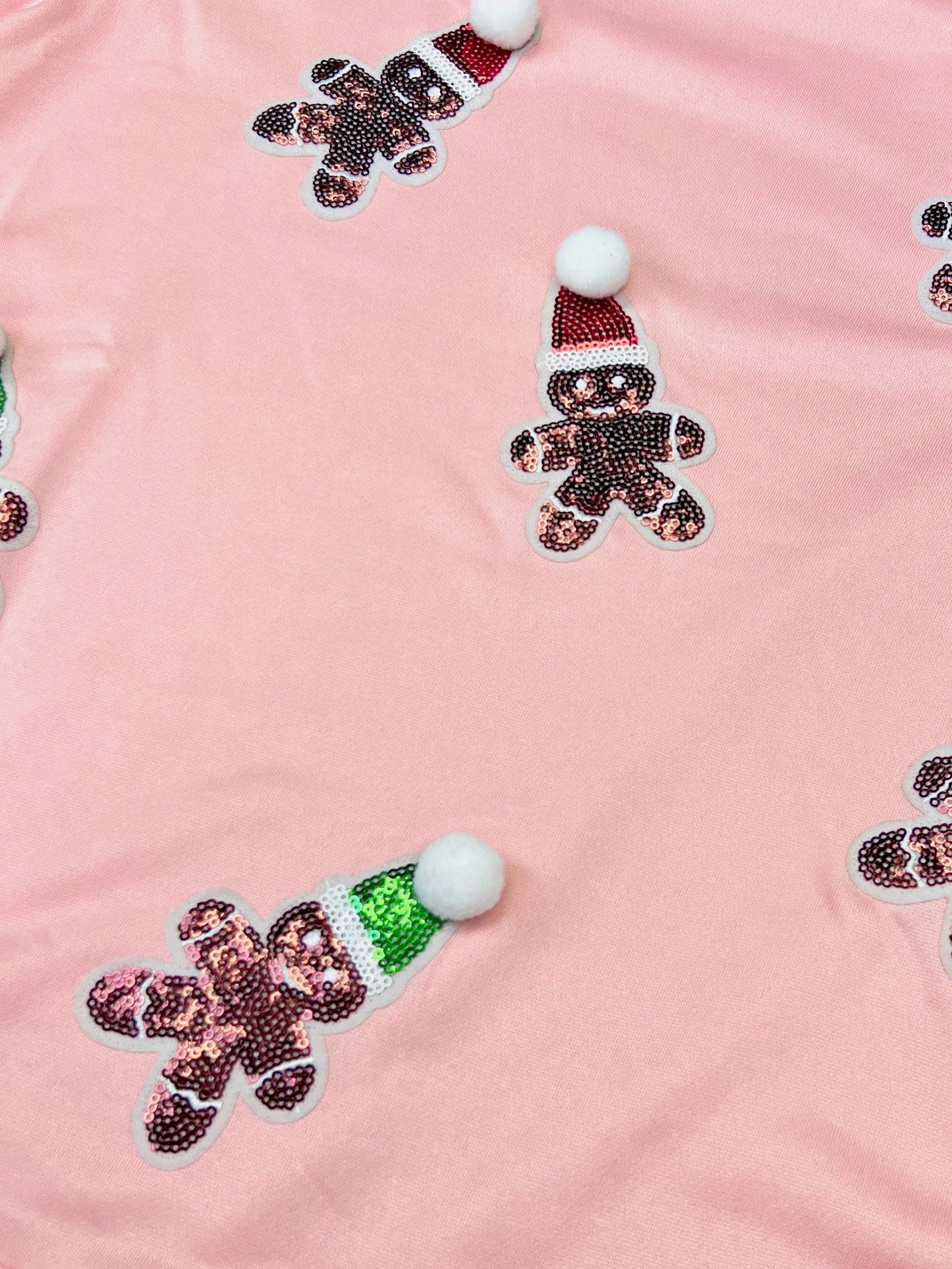 Women's Pink Long Sleeve Top w/ Sequin Gingerbread Men