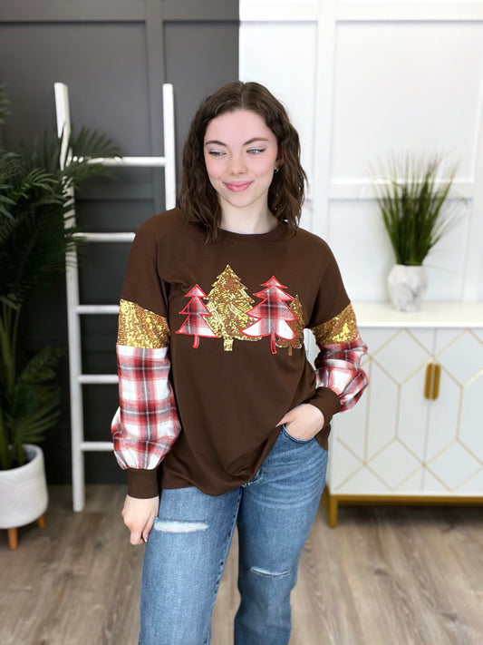 Women's Brown Plaid & Gold Sequin Christmas Tree Top