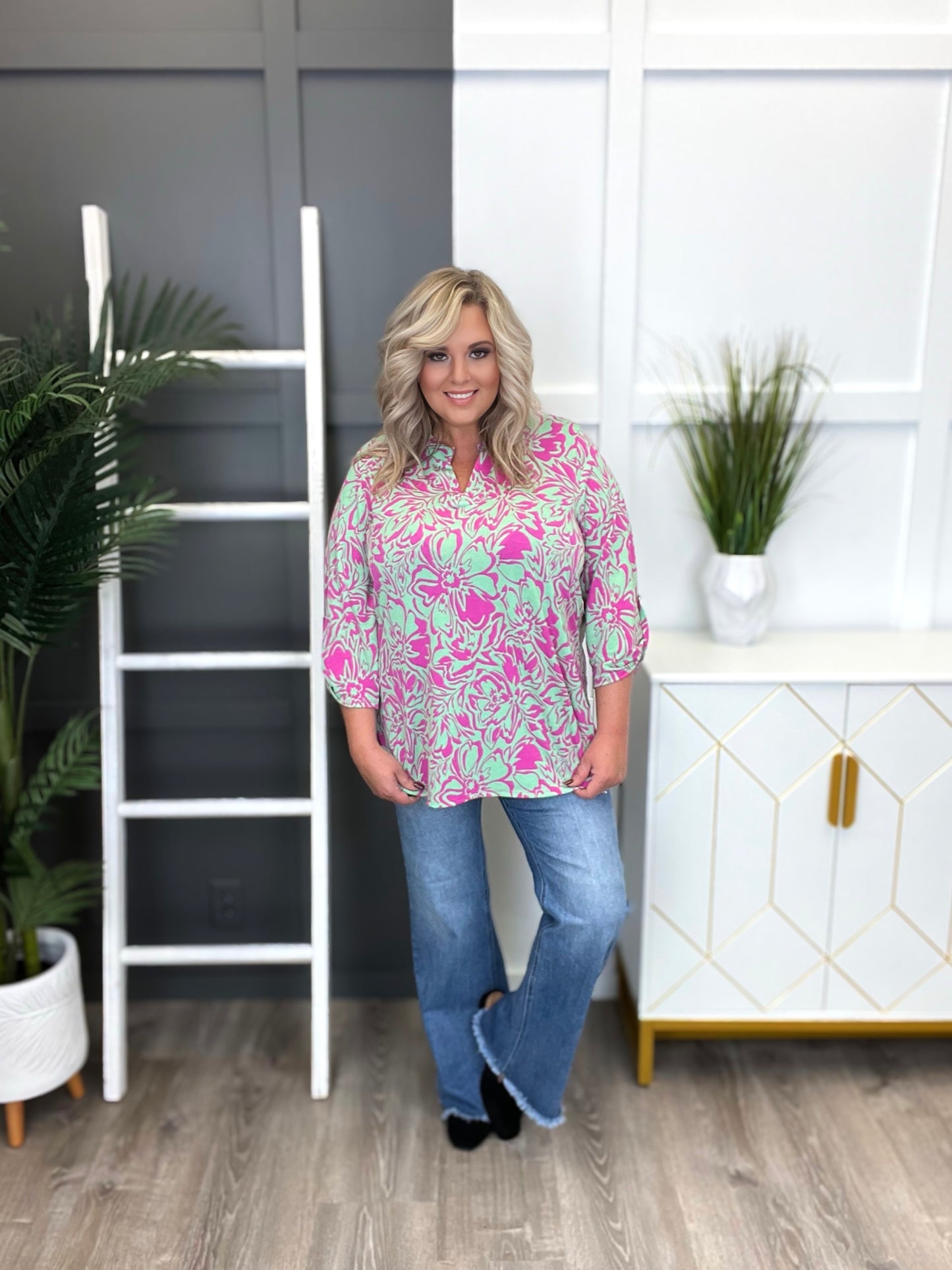 Dear Scarlett Women's Mint & Pink Floral Print Lizzy Top