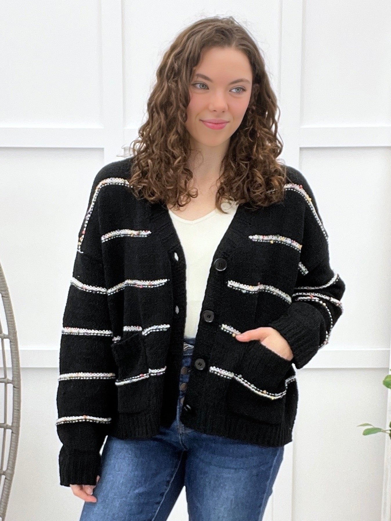 Women's Black & White Stripe Button Up Cardigan