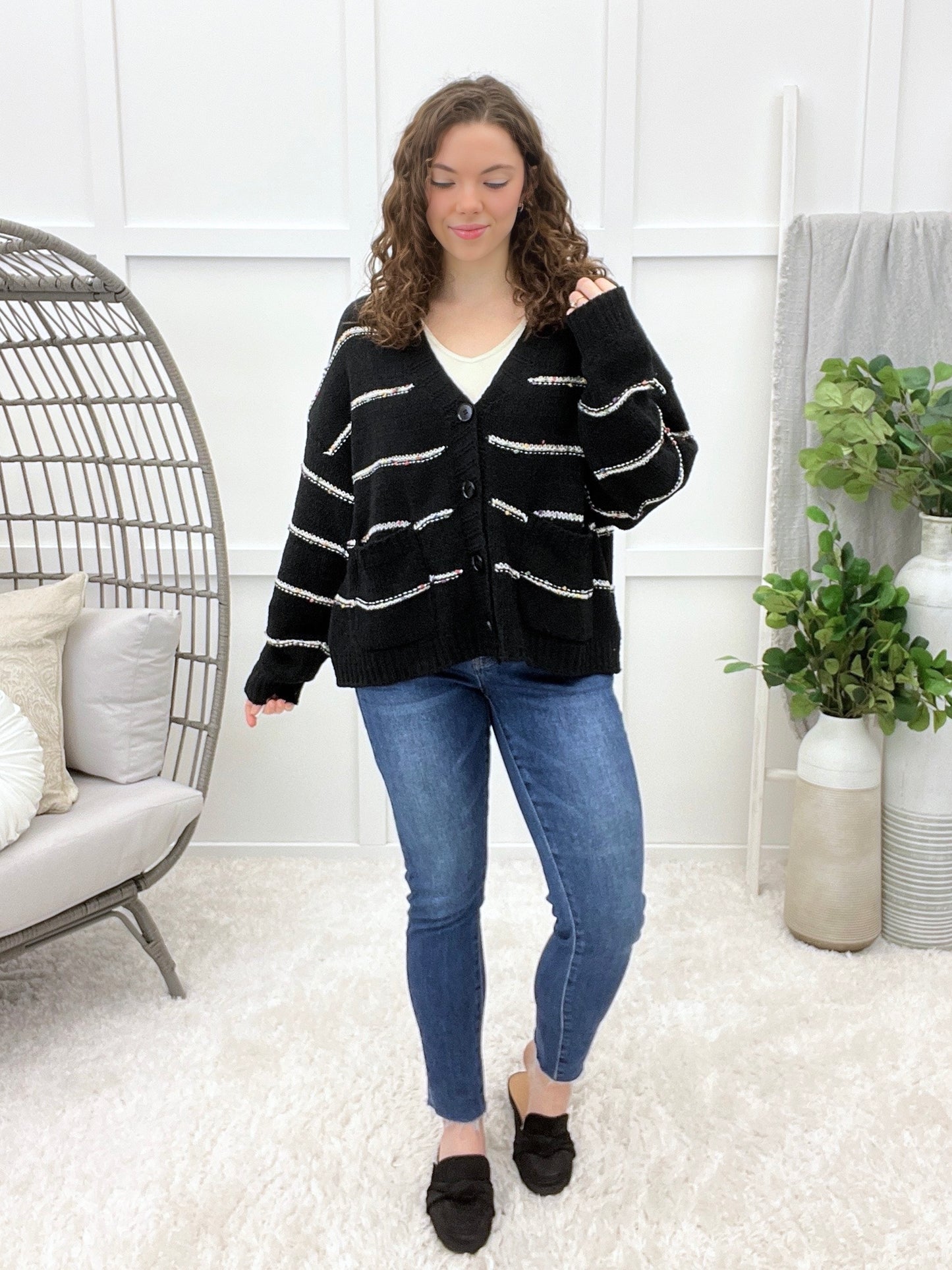 Women's Black & White Stripe Button Up Cardigan