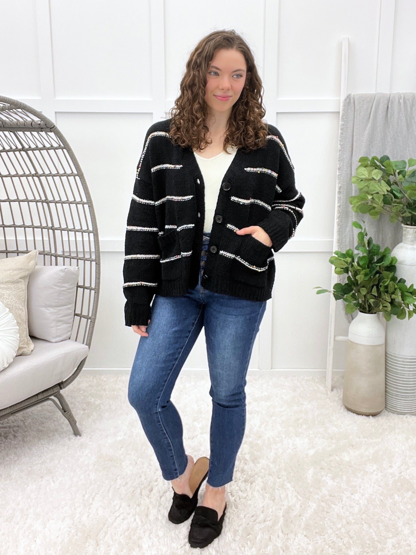 Women's Black & White Stripe Button Up Cardigan