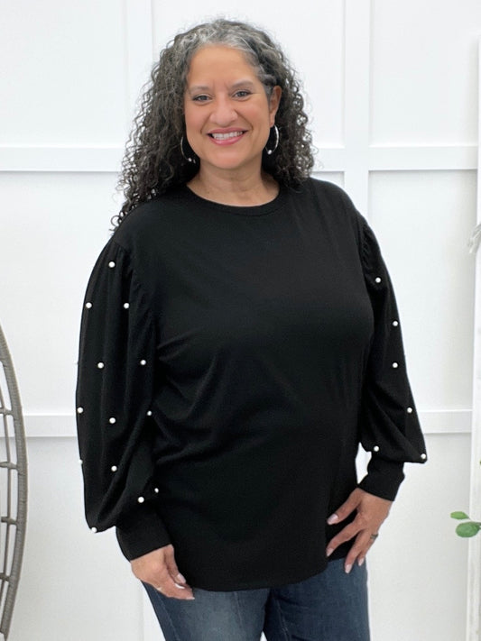 Women's Black Long Sleeve Top w/ Pearl Embellishments