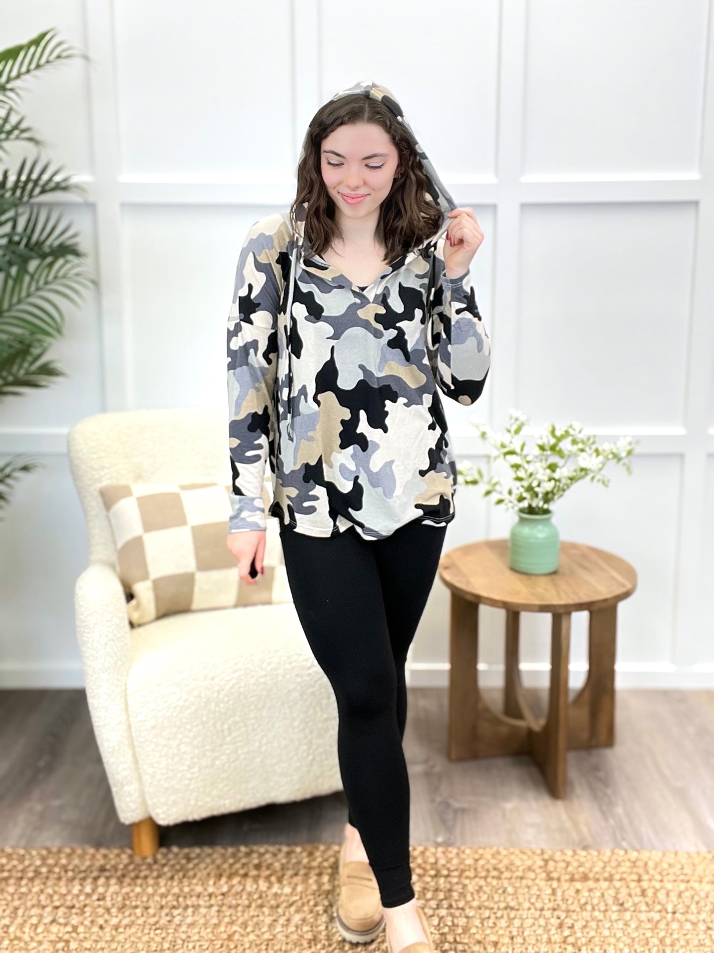 Women's Black & Taupe Camo Print Hoodie Top