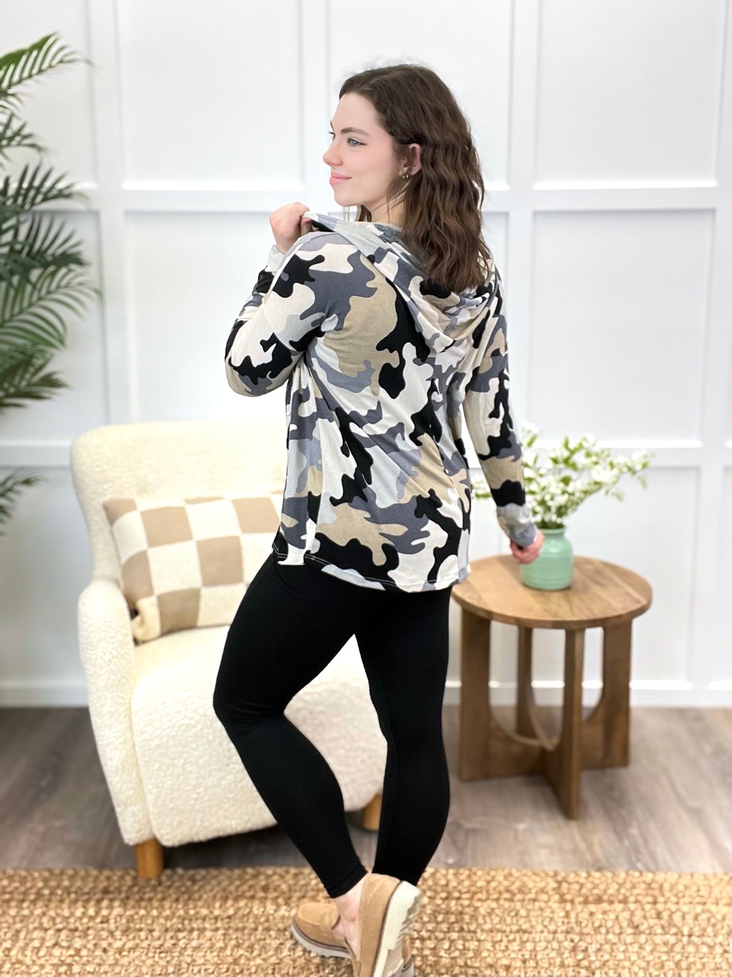 Women's Black & Taupe Camo Print Hoodie Top