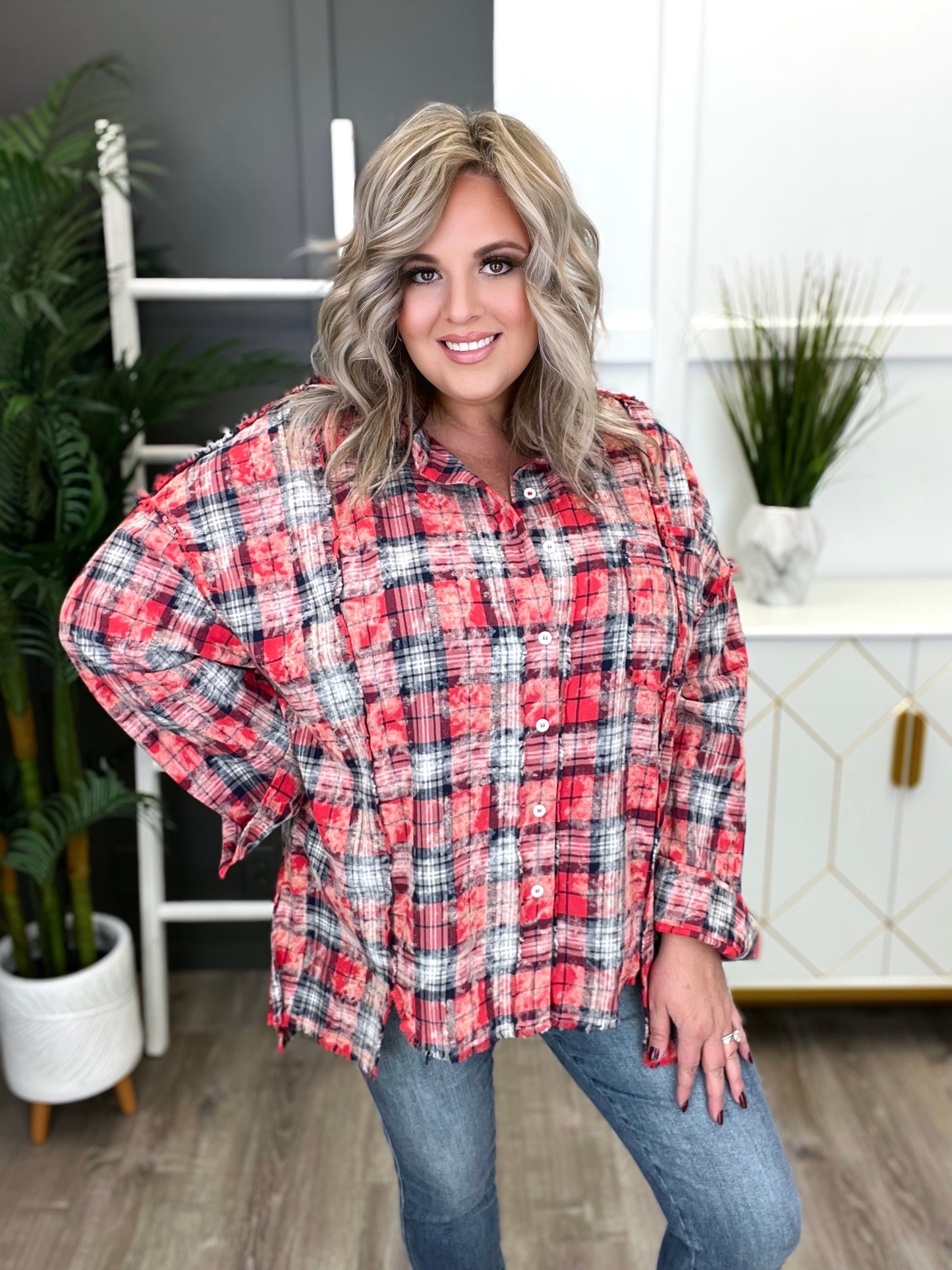 Women's Red Plaid Combo Top